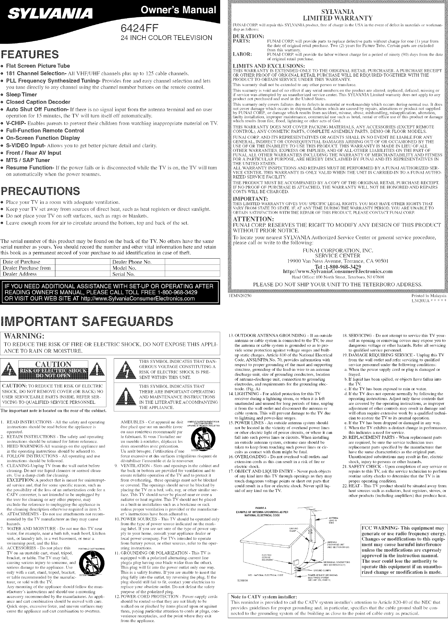 Page 1 of 8 - Sylvania 6424FF User Manual TELEVISION - Manuals And Guides L0601124