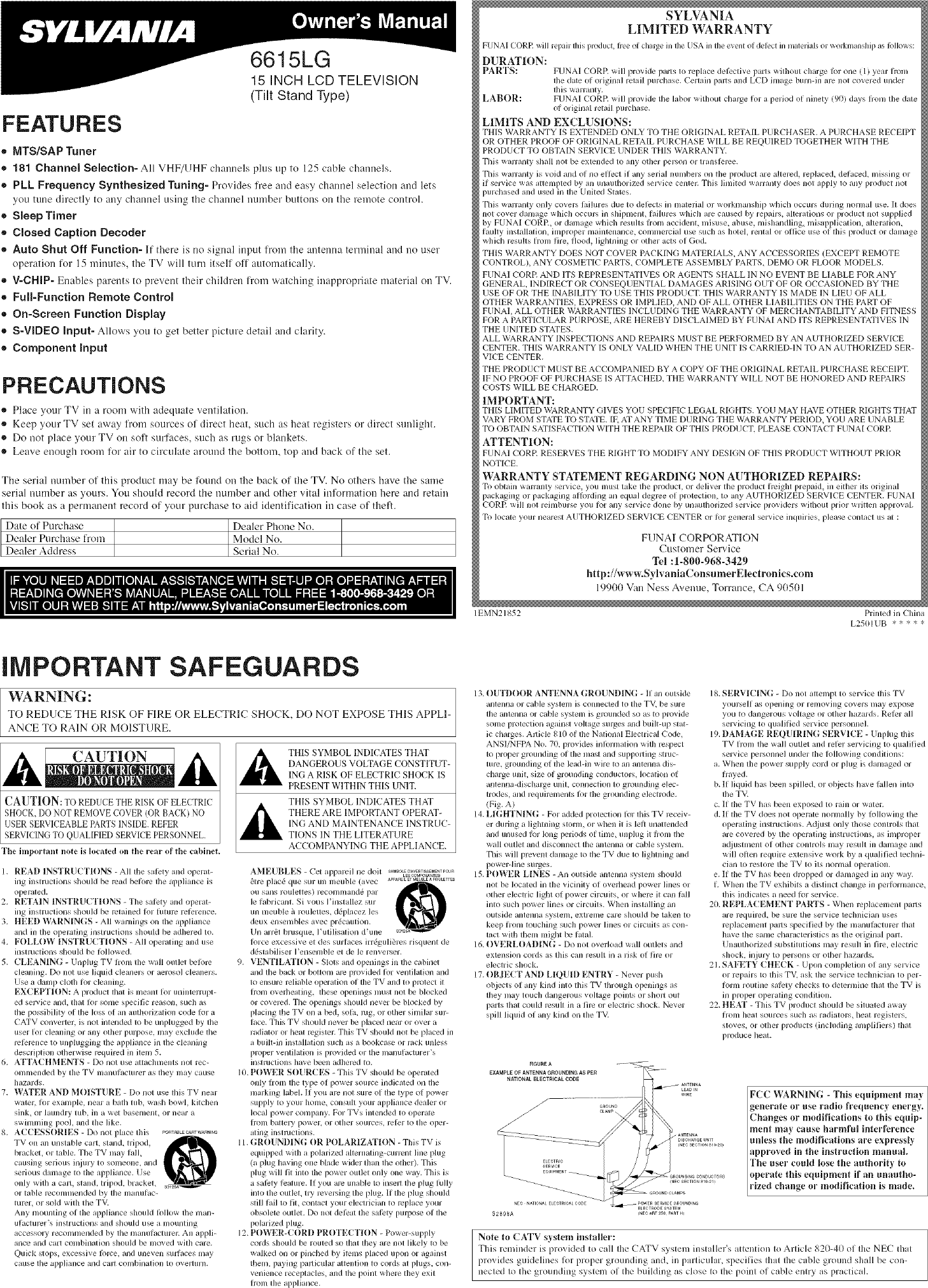 Page 1 of 8 - Sylvania 6615LG User Manual  LCD TELEVISION - Manuals And Guides L0610373