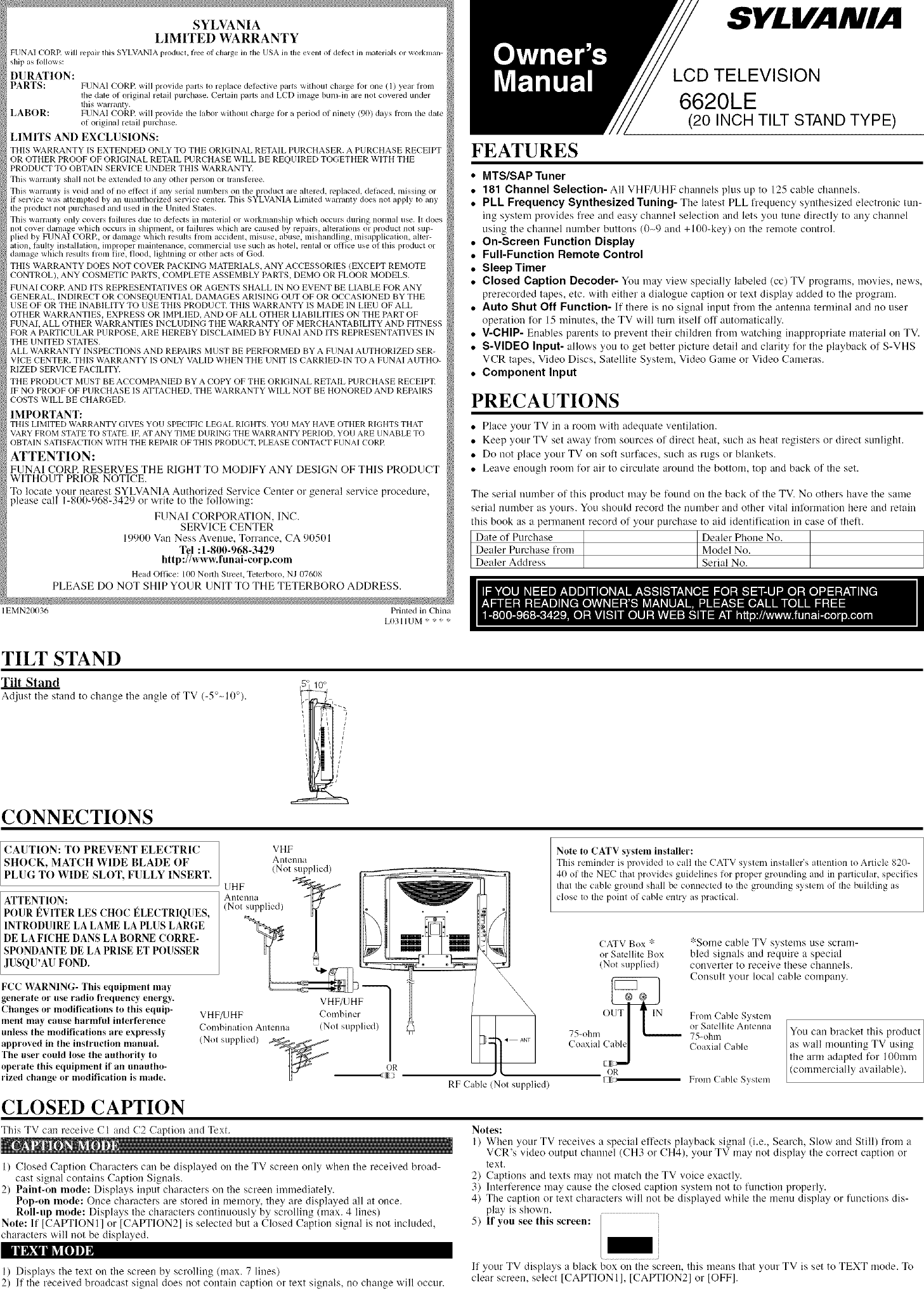 Page 1 of 8 - Sylvania 6620LE User Manual  TV LCD - Manuals And Guides L0520100