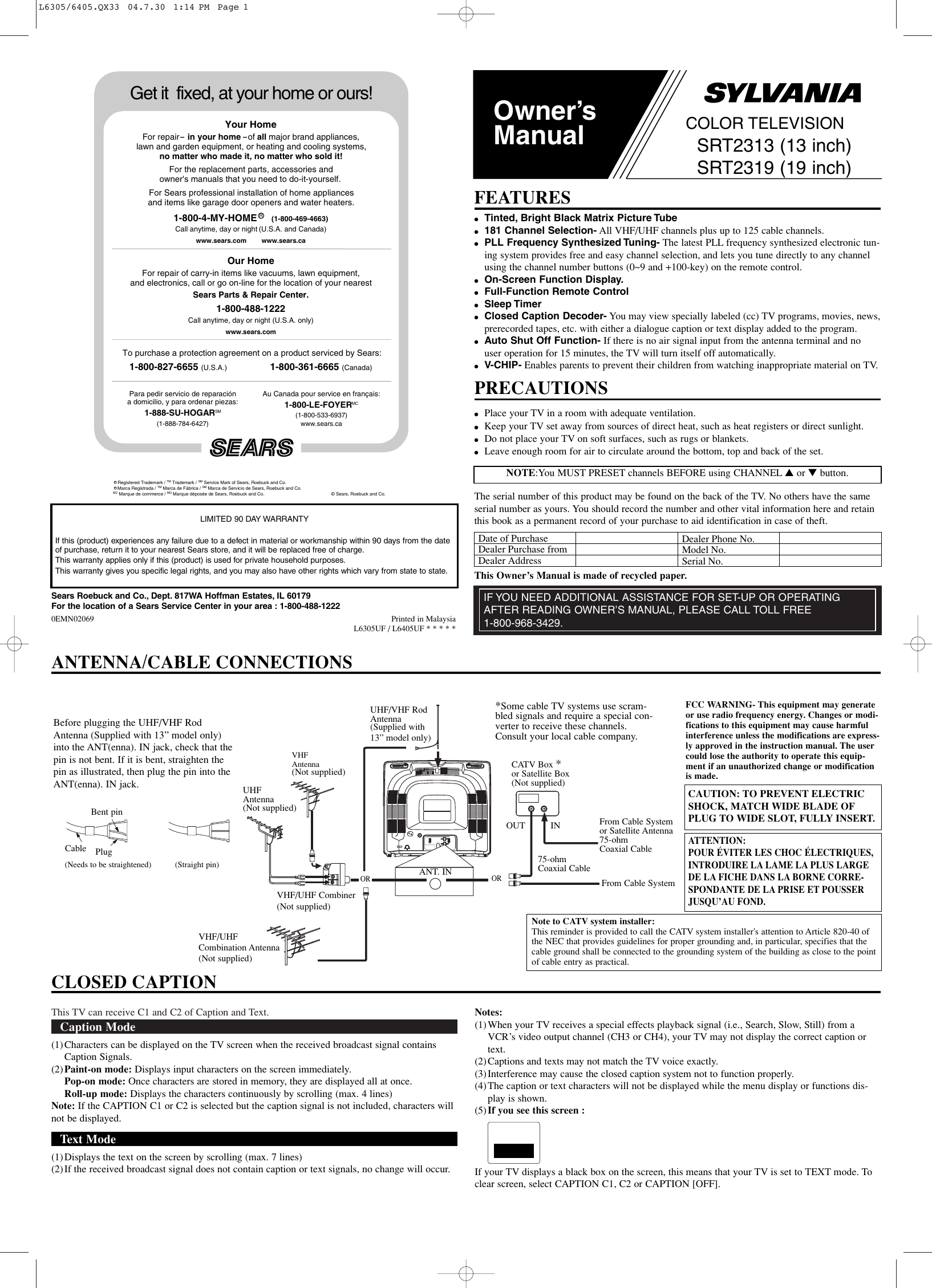 Page 1 of 8 - Sylvania Sylvania-Srt2313-Srt2319-Users-Manual- L6305/6405.QX33 Sylvania-srt2313-srt2319-users-manual