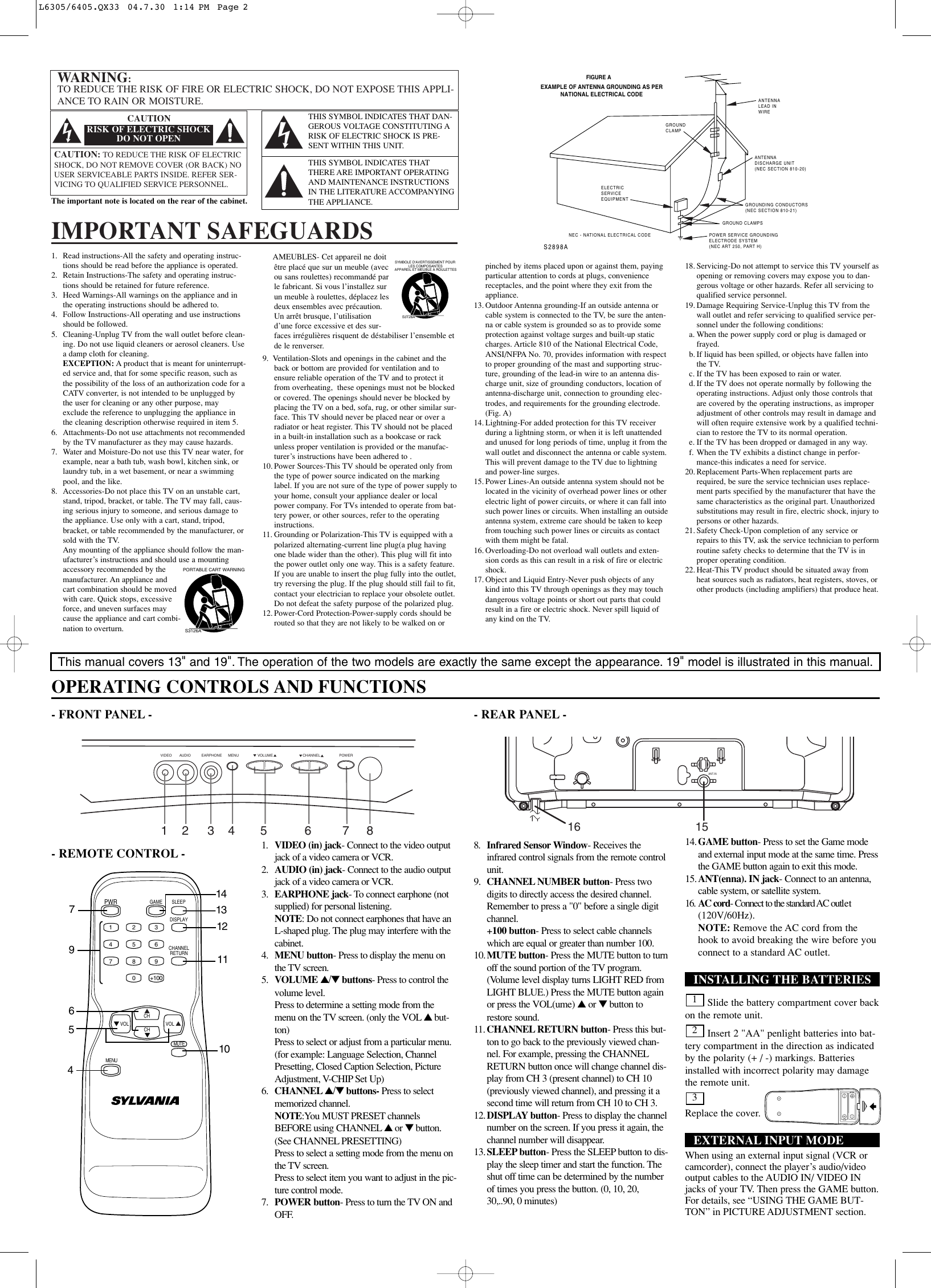 Page 2 of 8 - Sylvania Sylvania-Srt2313-Srt2319-Users-Manual- L6305/6405.QX33 Sylvania-srt2313-srt2319-users-manual