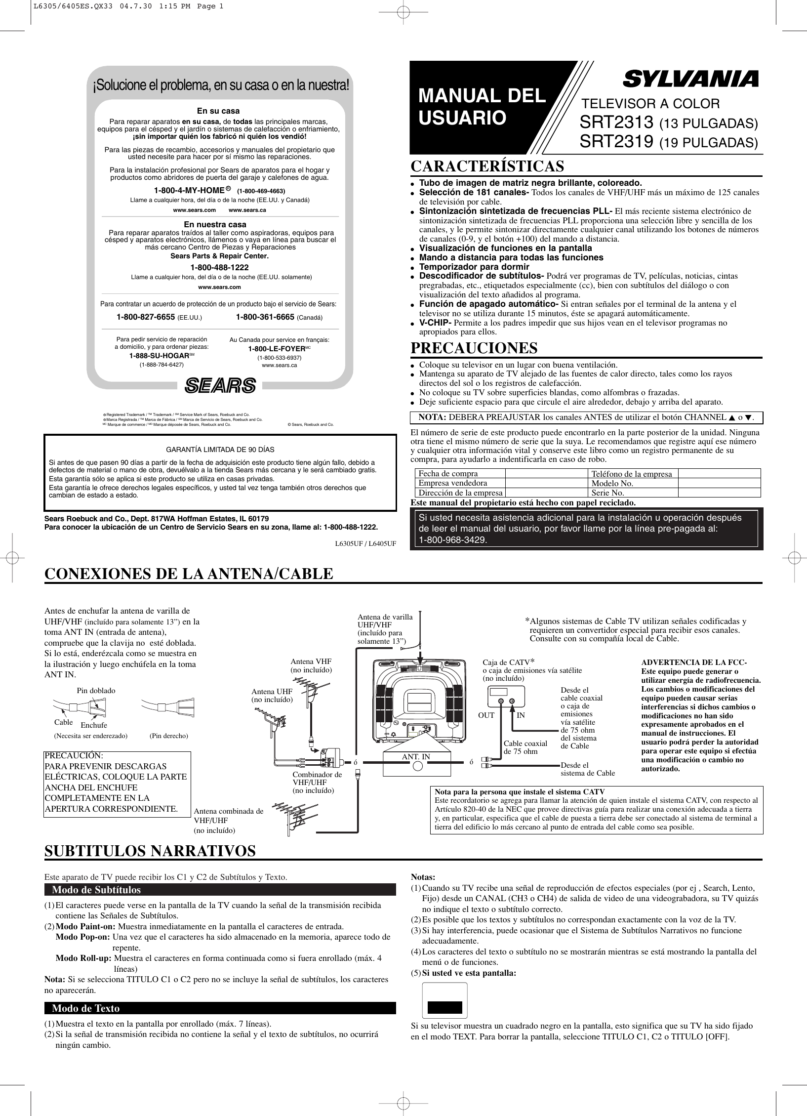 Page 5 of 8 - Sylvania Sylvania-Srt2313-Srt2319-Users-Manual- L6305/6405.QX33 Sylvania-srt2313-srt2319-users-manual