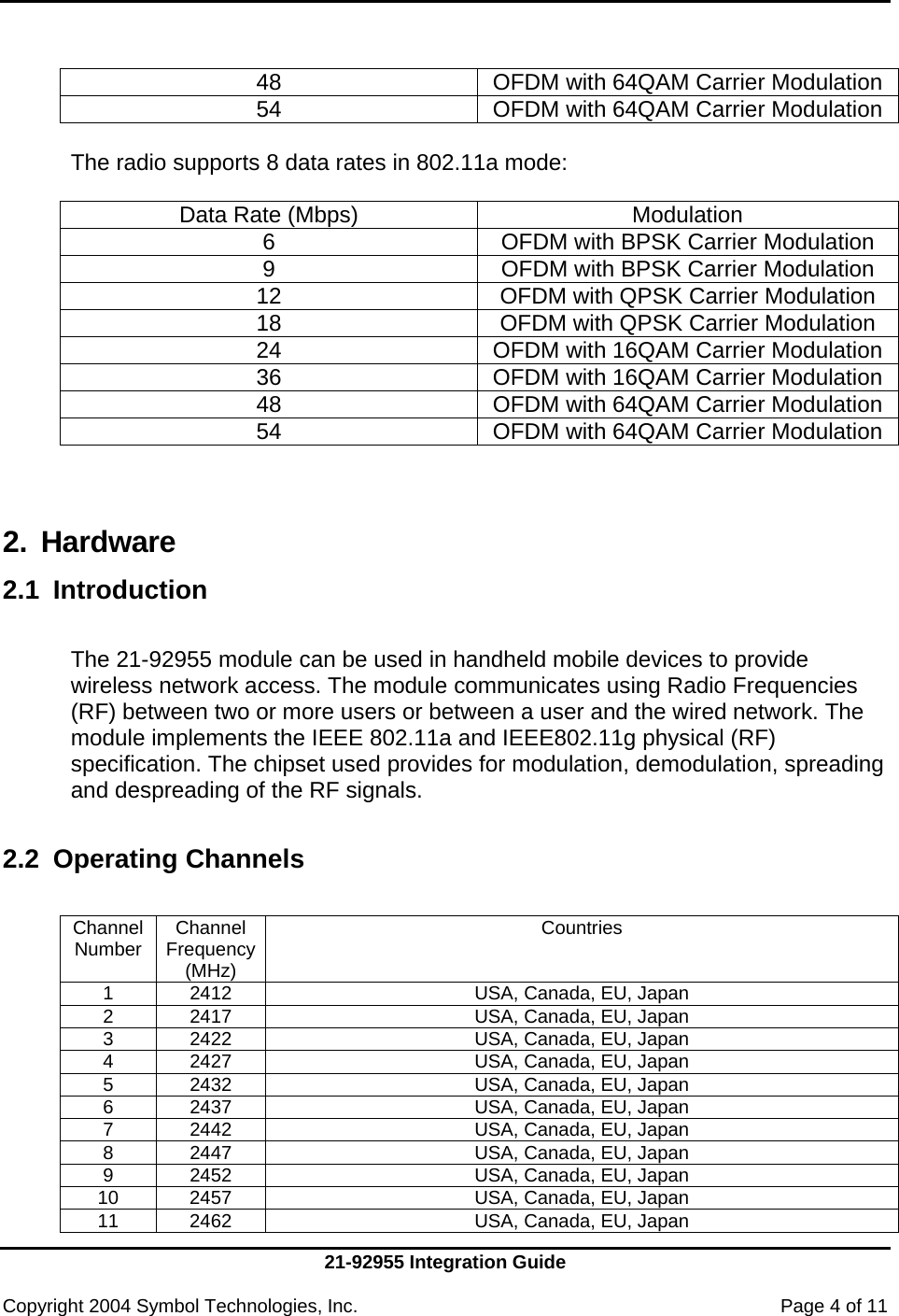     21-92955 Integration Guide  Copyright 2004 Symbol Technologies, Inc.    Page 4 of 11  48  OFDM with 64QAM Carrier Modulation54  OFDM with 64QAM Carrier Modulation The radio supports 8 data rates in 802.11a mode:  Data Rate (Mbps)  Modulation 6  OFDM with BPSK Carrier Modulation 9  OFDM with BPSK Carrier Modulation 12  OFDM with QPSK Carrier Modulation 18  OFDM with QPSK Carrier Modulation 24  OFDM with 16QAM Carrier Modulation36  OFDM with 16QAM Carrier Modulation48  OFDM with 64QAM Carrier Modulation54  OFDM with 64QAM Carrier Modulation  2. Hardware  2.1 Introduction   The 21-92955 module can be used in handheld mobile devices to provide wireless network access. The module communicates using Radio Frequencies (RF) between two or more users or between a user and the wired network. The module implements the IEEE 802.11a and IEEE802.11g physical (RF) specification. The chipset used provides for modulation, demodulation, spreading and despreading of the RF signals.  2.2 Operating Channels  Channel Number  Channel Frequency (MHz) Countries 1  2412  USA, Canada, EU, Japan 2  2417  USA, Canada, EU, Japan 3  2422  USA, Canada, EU, Japan 4  2427  USA, Canada, EU, Japan 5  2432  USA, Canada, EU, Japan 6  2437  USA, Canada, EU, Japan 7  2442  USA, Canada, EU, Japan 8  2447  USA, Canada, EU, Japan 9  2452  USA, Canada, EU, Japan 10  2457  USA, Canada, EU, Japan 11  2462  USA, Canada, EU, Japan 