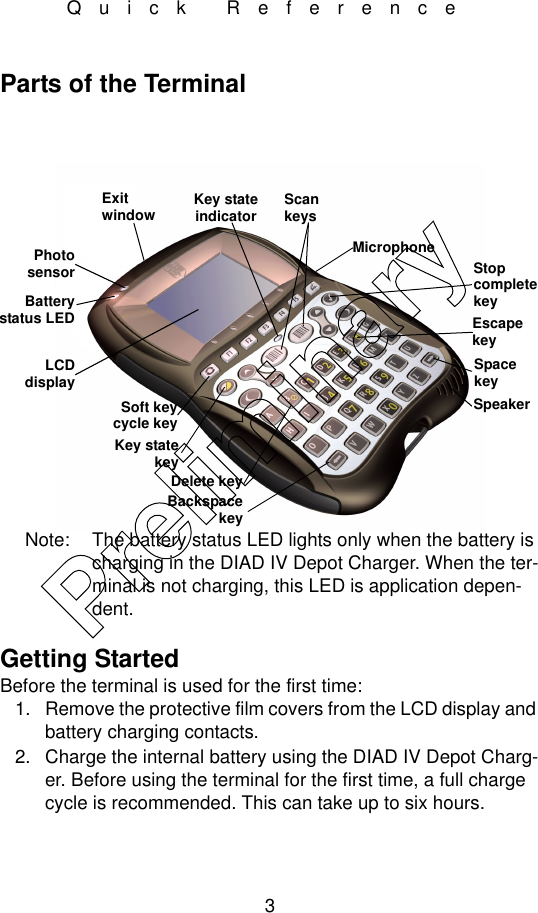 3Quick ReferenceParts of the TerminalNote: The battery status LED lights only when the battery is charging in the DIAD IV Depot Charger. When the ter-minal is not charging, this LED is application depen-dent.Getting StartedBefore the terminal is used for the first time:1. Remove the protective film covers from the LCD display and battery charging contacts.2. Charge the internal battery using the DIAD IV Depot Charg-er. Before using the terminal for the first time, a full charge cycle is recommended. This can take up to six hours.ExitwindowLCDdisplayScankeysStop completekeyKey state keyEscapekeyDelete keySpeakerKey state indicatorPhotosensorBatterystatus LEDMicrophoneSpace keyBackspace keySoft keycycle keyPreliminary