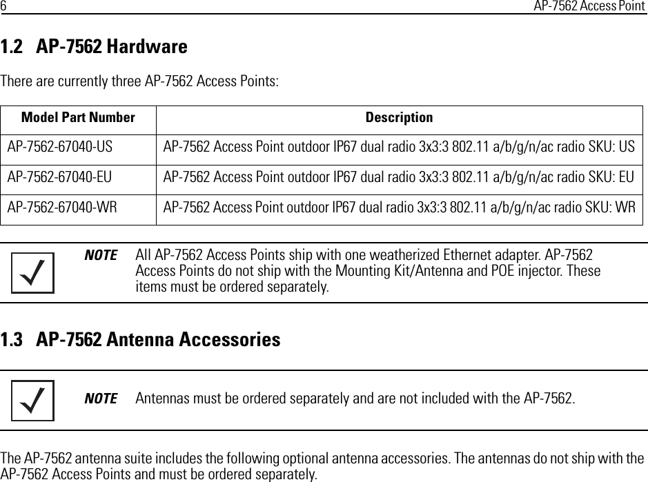 6AP-7562 Access Point 1.2   AP-7562 HardwareThere are currently three AP-7562 Access Points:1.3   AP-7562 Antenna AccessoriesThe AP-7562 antenna suite includes the following optional antenna accessories. The antennas do not ship with the AP-7562 Access Points and must be ordered separately.Model Part Number DescriptionAP-7562-67040-US AP-7562 Access Point outdoor IP67 dual radio 3x3:3 802.11 a/b/g/n/ac radio SKU: USAP-7562-67040-EU AP-7562 Access Point outdoor IP67 dual radio 3x3:3 802.11 a/b/g/n/ac radio SKU: EUAP-7562-67040-WR AP-7562 Access Point outdoor IP67 dual radio 3x3:3 802.11 a/b/g/n/ac radio SKU: WRNOTE All AP-7562 Access Points ship with one weatherized Ethernet adapter. AP-7562 Access Points do not ship with the Mounting Kit/Antenna and POE injector. These items must be ordered separately.NOTE Antennas must be ordered separately and are not included with the AP-7562.