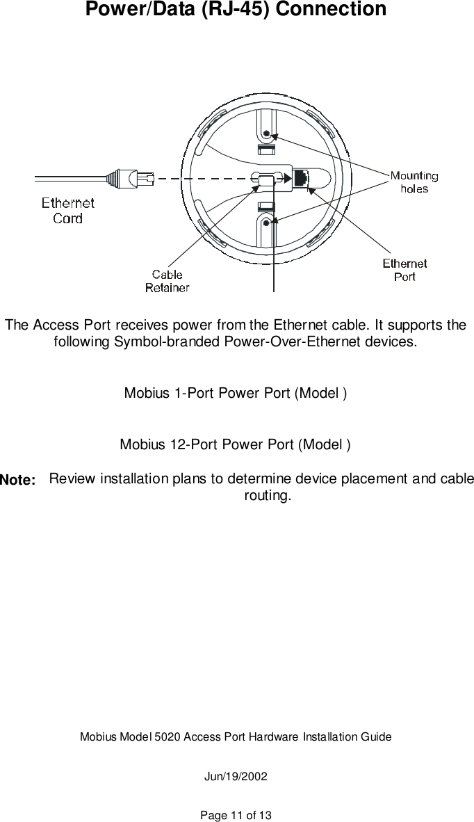 Mobius Model 5020 Access Port Hardware Installation GuideJun/19/2002Page 11 of 13Power/Data (RJ-45) ConnectionThe Access Port receives power from the Ethernet cable. It supports thefollowing Symbol-branded Power-Over-Ethernet devices.Mobius 1-Port Power Port (Model )Mobius 12-Port Power Port (Model ) Note:  Review installation plans to determine device placement and cablerouting.
