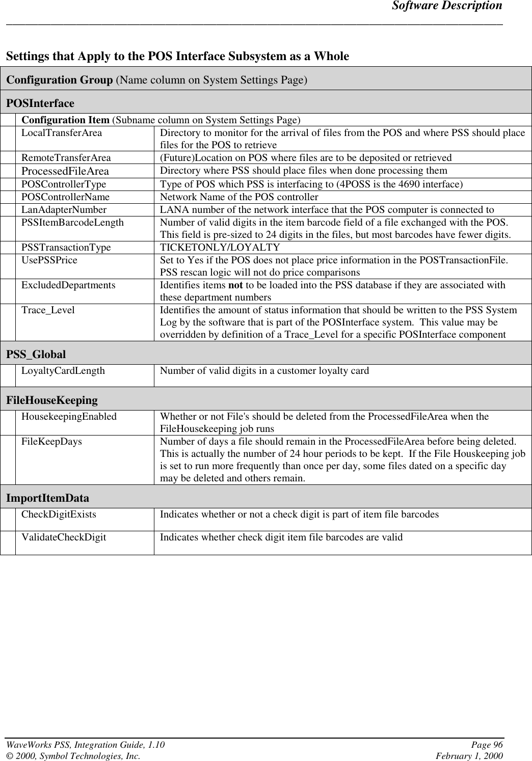 Software Description______________________________________________________________________________WaveWorks PSS, Integration Guide, 1.10 Page 96© 2000, Symbol Technologies, Inc. February 1, 2000Settings that Apply to the POS Interface Subsystem as a WholeConfiguration Group (Name column on System Settings Page)POSInterfaceConfiguration Item (Subname column on System Settings Page)LocalTransferArea Directory to monitor for the arrival of files from the POS and where PSS should placefiles for the POS to retrieveRemoteTransferArea (Future)Location on POS where files are to be deposited or retrievedProcessedFileArea Directory where PSS should place files when done processing themPOSControllerType Type of POS which PSS is interfacing to (4POSS is the 4690 interface)POSControllerName Network Name of the POS controllerLanAdapterNumber LANA number of the network interface that the POS computer is connected toPSSItemBarcodeLength Number of valid digits in the item barcode field of a file exchanged with the POS.This field is pre-sized to 24 digits in the files, but most barcodes have fewer digits.PSSTransactionType TICKETONLY/LOYALTYUsePSSPrice Set to Yes if the POS does not place price information in the POSTransactionFile.PSS rescan logic will not do price comparisonsExcludedDepartments Identifies items not to be loaded into the PSS database if they are associated withthese department numbersTrace_Level Identifies the amount of status information that should be written to the PSS SystemLog by the software that is part of the POSInterface system.  This value may beoverridden by definition of a Trace_Level for a specific POSInterface componentPSS_GlobalLoyaltyCardLength Number of valid digits in a customer loyalty cardFileHouseKeepingHousekeepingEnabled Whether or not File&apos;s should be deleted from the ProcessedFileArea when theFileHousekeeping job runsFileKeepDays Number of days a file should remain in the ProcessedFileArea before being deleted.This is actually the number of 24 hour periods to be kept.  If the File Houskeeping jobis set to run more frequently than once per day, some files dated on a specific daymay be deleted and others remain.ImportItemDataCheckDigitExists Indicates whether or not a check digit is part of item file barcodesValidateCheckDigit Indicates whether check digit item file barcodes are valid