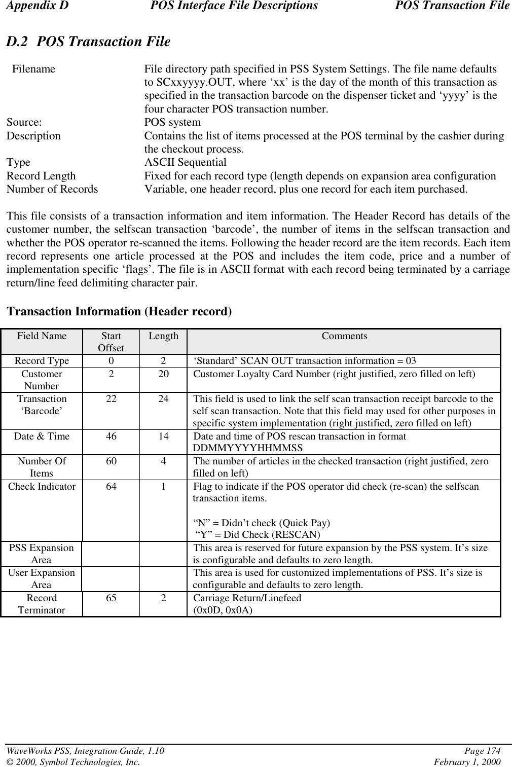 Appendix D POS Interface File Descriptions POS Transaction FileWaveWorks PSS, Integration Guide, 1.10 Page 174© 2000, Symbol Technologies, Inc. February 1, 2000D.2 POS Transaction FileFilename File directory path specified in PSS System Settings. The file name defaultsto SCxxyyyy.OUT, where ‘xx’ is the day of the month of this transaction asspecified in the transaction barcode on the dispenser ticket and ‘yyyy’ is thefour character POS transaction number.Source: POS systemDescription Contains the list of items processed at the POS terminal by the cashier duringthe checkout process.Type ASCII SequentialRecord Length Fixed for each record type (length depends on expansion area configurationNumber of Records Variable, one header record, plus one record for each item purchased.This file consists of a transaction information and item information. The Header Record has details of thecustomer number, the selfscan transaction ‘barcode’, the number of items in the selfscan transaction andwhether the POS operator re-scanned the items. Following the header record are the item records. Each itemrecord represents one article processed at the POS and includes the item code, price and a number ofimplementation specific ‘flags’. The file is in ASCII format with each record being terminated by a carriagereturn/line feed delimiting character pair.Transaction Information (Header record)Field Name StartOffset Length CommentsRecord Type 0 2 ‘Standard’ SCAN OUT transaction information = 03CustomerNumber 2 20 Customer Loyalty Card Number (right justified, zero filled on left)Transaction‘Barcode’ 22 24 This field is used to link the self scan transaction receipt barcode to theself scan transaction. Note that this field may used for other purposes inspecific system implementation (right justified, zero filled on left)Date &amp; Time 46 14 Date and time of POS rescan transaction in formatDDMMYYYYHHMMSSNumber OfItems 60 4 The number of articles in the checked transaction (right justified, zerofilled on left)Check Indicator 64 1 Flag to indicate if the POS operator did check (re-scan) the selfscantransaction items.“N” = Didn’t check (Quick Pay) “Y” = Did Check (RESCAN)PSS ExpansionArea This area is reserved for future expansion by the PSS system. It’s sizeis configurable and defaults to zero length.User ExpansionArea This area is used for customized implementations of PSS. It’s size isconfigurable and defaults to zero length.RecordTerminator 65 2 Carriage Return/Linefeed(0x0D, 0x0A)