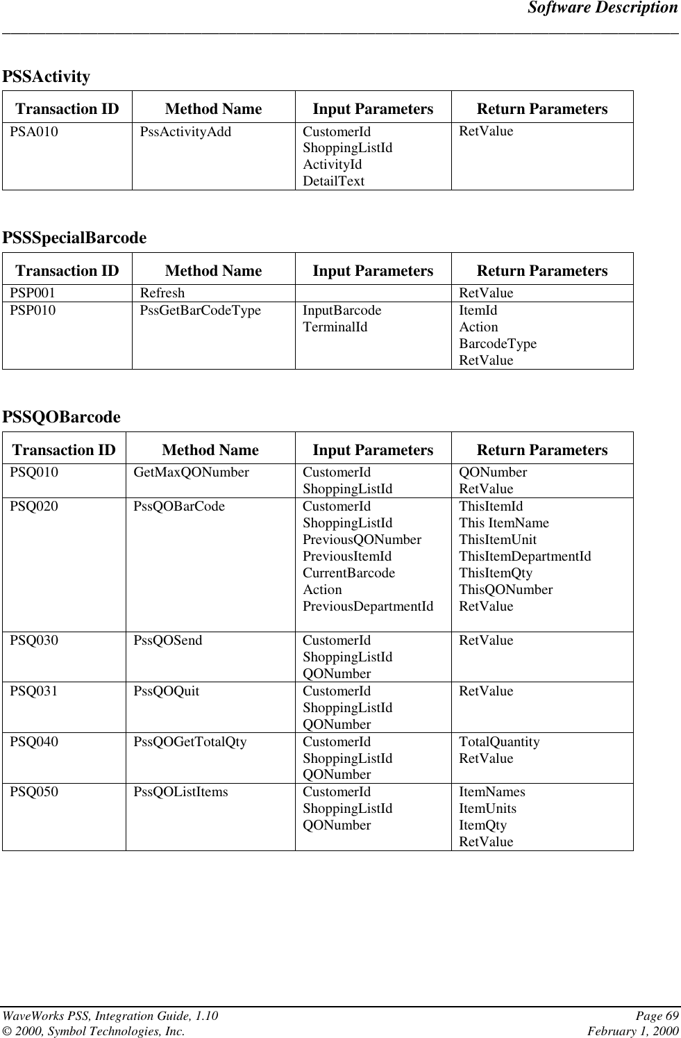 Software Description______________________________________________________________________________WaveWorks PSS, Integration Guide, 1.10 Page 69© 2000, Symbol Technologies, Inc. February 1, 2000PSSActivityTransaction ID Method Name Input Parameters Return ParametersPSA010 PssActivityAdd CustomerIdShoppingListIdActivityIdDetailTextRetValuePSSSpecialBarcodeTransaction ID Method Name Input Parameters Return ParametersPSP001 Refresh RetValuePSP010 PssGetBarCodeType InputBarcodeTerminalId ItemIdActionBarcodeTypeRetValuePSSQOBarcodeTransaction ID Method Name Input Parameters Return ParametersPSQ010 GetMaxQONumber CustomerIdShoppingListId QONumberRetValuePSQ020 PssQOBarCode CustomerIdShoppingListIdPreviousQONumberPreviousItemIdCurrentBarcodeActionPreviousDepartmentIdThisItemIdThis ItemNameThisItemUnitThisItemDepartmentIdThisItemQtyThisQONumberRetValuePSQ030 PssQOSend CustomerIdShoppingListIdQONumber RetValuePSQ031 PssQOQuit CustomerIdShoppingListIdQONumberRetValuePSQ040 PssQOGetTotalQty CustomerIdShoppingListIdQONumberTotalQuantityRetValuePSQ050 PssQOListItems CustomerIdShoppingListIdQONumberItemNamesItemUnitsItemQtyRetValue