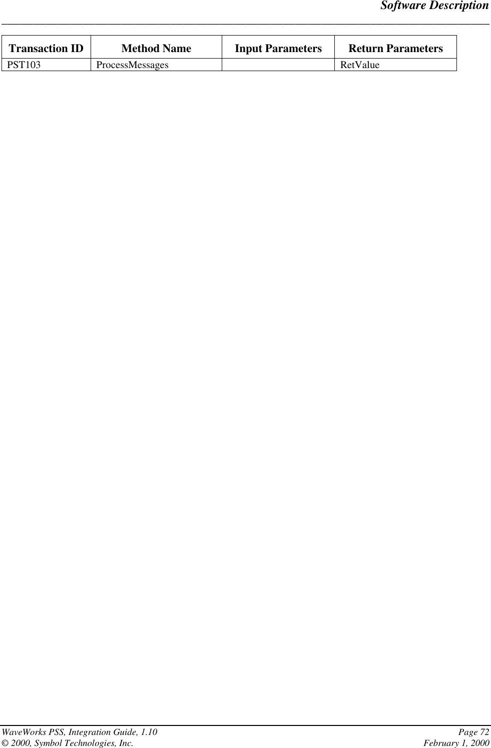 Software Description______________________________________________________________________________WaveWorks PSS, Integration Guide, 1.10 Page 72© 2000, Symbol Technologies, Inc. February 1, 2000Transaction ID Method Name Input Parameters Return ParametersPST103 ProcessMessages RetValue