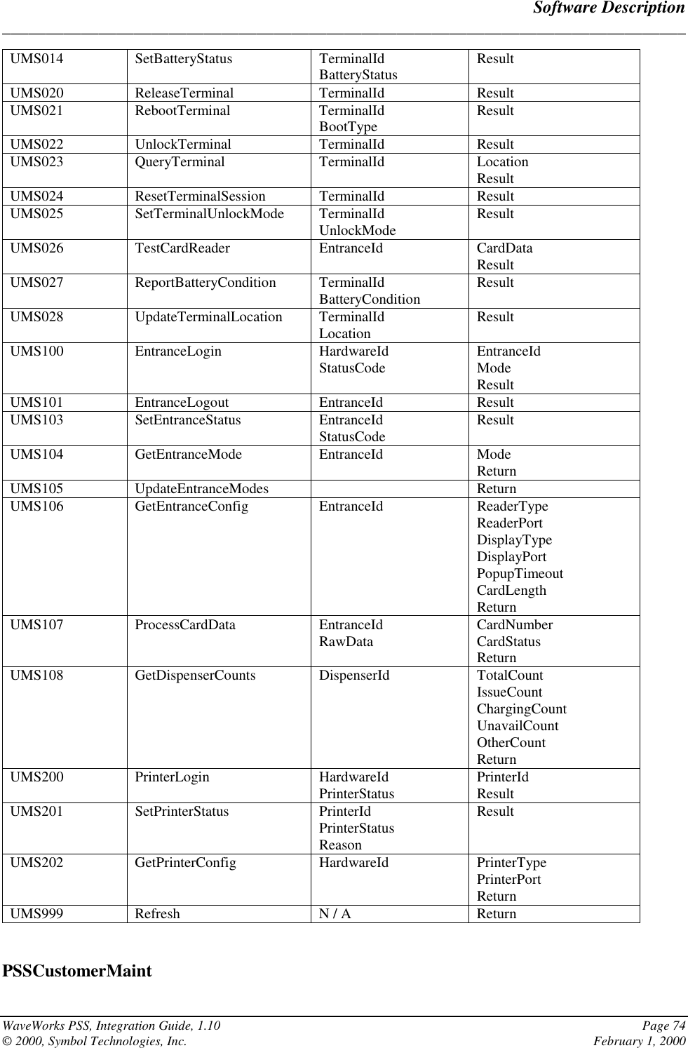 Software Description______________________________________________________________________________WaveWorks PSS, Integration Guide, 1.10 Page 74© 2000, Symbol Technologies, Inc. February 1, 2000UMS014 SetBatteryStatus TerminalIdBatteryStatus ResultUMS020 ReleaseTerminal TerminalId ResultUMS021 RebootTerminal TerminalIdBootType ResultUMS022 UnlockTerminal TerminalId ResultUMS023 QueryTerminal TerminalId LocationResultUMS024 ResetTerminalSession TerminalId ResultUMS025 SetTerminalUnlockMode TerminalIdUnlockMode ResultUMS026 TestCardReader EntranceId CardDataResultUMS027 ReportBatteryCondition TerminalIdBatteryCondition ResultUMS028 UpdateTerminalLocation TerminalIdLocation ResultUMS100 EntranceLogin HardwareIdStatusCode EntranceIdModeResultUMS101 EntranceLogout EntranceId ResultUMS103 SetEntranceStatus EntranceIdStatusCode ResultUMS104 GetEntranceMode EntranceId ModeReturnUMS105 UpdateEntranceModes ReturnUMS106 GetEntranceConfig EntranceId ReaderTypeReaderPortDisplayTypeDisplayPortPopupTimeoutCardLengthReturnUMS107 ProcessCardData EntranceIdRawData CardNumberCardStatusReturnUMS108 GetDispenserCounts DispenserId TotalCountIssueCountChargingCountUnavailCountOtherCountReturnUMS200 PrinterLogin HardwareIdPrinterStatus PrinterIdResultUMS201 SetPrinterStatus PrinterIdPrinterStatusReasonResultUMS202 GetPrinterConfig HardwareId PrinterTypePrinterPortReturnUMS999 Refresh N / A ReturnPSSCustomerMaint