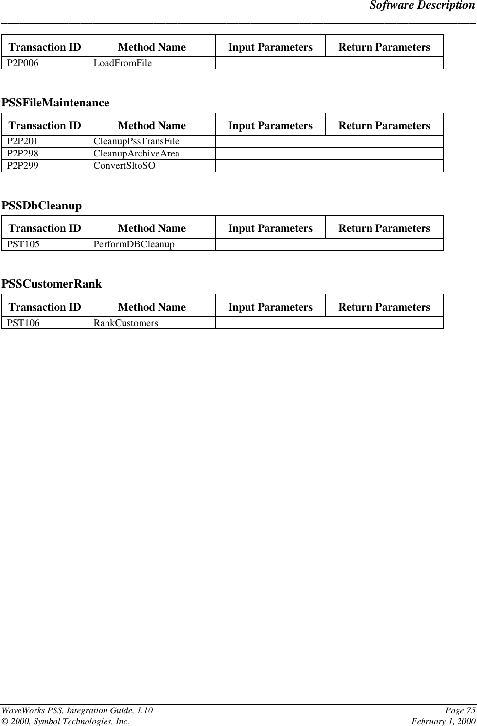 Software Description______________________________________________________________________________WaveWorks PSS, Integration Guide, 1.10 Page 75© 2000, Symbol Technologies, Inc. February 1, 2000Transaction ID Method Name Input Parameters Return ParametersP2P006 LoadFromFilePSSFileMaintenanceTransaction ID Method Name Input Parameters Return ParametersP2P201 CleanupPssTransFileP2P298 CleanupArchiveAreaP2P299 ConvertSltoSOPSSDbCleanupTransaction ID Method Name Input Parameters Return ParametersPST105 PerformDBCleanupPSSCustomerRankTransaction ID Method Name Input Parameters Return ParametersPST106 RankCustomers