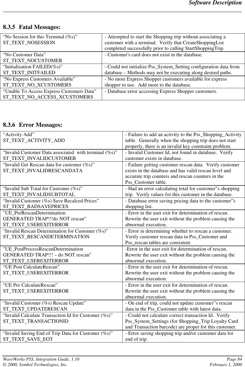 Software Description______________________________________________________________________________WaveWorks PSS, Integration Guide, 1.10 Page 84© 2000, Symbol Technologies, Inc. February 1, 20008.3.5 Fatal Messages:“No Session for this Terminal (%s)”ST_TEXT_NOSESSION - Attempted to start the Shopping trip without associating acustomer with a terminal.  Verify that CreateShoppingListcompleted successfully prior to calling StartShoppingTrip.“No Customer Data”ST_TEXT_NOCUSTOMER - Customer&apos;s card does not exist in the database.“Initialization FAILED(%s)”ST_TEXT_INITFAILED - Could not initialize Pss_System_Setting configuration data fromdatabase – Methods may not be executing along desired paths.“No Express Customers Available”ST_TEXT_NO_XCUSTOMERS - No more Express Shopper customers available for expressshopper to use.  Add more to the database.“Unable To Access Express Customers Data”ST_TEXT_NO_ACCESS_XCUSTOMERS - Database error accessing Express Shopper customers.8.3.6 Error Messages:“Activity Add”ST_TEXT_ACTIVITY_ADD - Failure to add an activity to the Pss_Shopping_Activitytable.  Generally when the shopping trip does not startproperly, there is an invalid key constraint problem.“Invalid Customer Data associated  with terminal (%s)”ST_TEXT_INVALIDCUSTOMER - Invalid Customer Id, not found in database.  Verifycustomer exists in database.“Invalid Get Rescan data for customer (%s)”ST_TEXT_INVALIDRESCANDATA - Failure getting customer rescan data.  Verify customerexists in the database and has valid rescan level andaccurate trip counters and rescan counters in thePss_Customer table.“Invalid Sub Total for Customer (%s)”ST_TEXT_INVALIDSUBTOTAL - Had an error calculating total for customer”s shoppingtrip.  Verify values for this customer in the database.“Invalid Customer (%s) Save Recalced Prices”ST_TEXT_BADSAVEPRICES - Database error saving pricing data to the customer”sshopping list.&quot;UE_PreRescanDeterminationGENERATED TRAP!!!do NOT rescan”ST_TEXT_USEREXITERROR- Error in the user exit for determination of rescan.Rewrite the user exit without the problem causing theabnormal execution.“Invalid Rescan Determination for Customer (%s)”ST_TEXT_RESCANDETERMINATION - Error in determining whether to rescan a customer.Verify customer rescan data in Pss_Customer andPss_rescan tables are consistent.&quot;UE_PostProcessRescanDeterminationGENERATED TRAP!!! – do NOT rescan&quot;ST_TEXT_USEREXITERROR-Error in the user exit for determination of rescan.Rewrite the user exit without the problem causing theabnormal execution.“UE Post CalculateRescan”ST_TEXT_USEREXITERROR - Error in the user exit for determination of rescan.Rewrite the user exit without the problem causing theabnormal execution.“UE Pre CalculateRescan”ST_TEXT_USEREXITERROR - Error in the user exit for determination of rescan.Rewrite the user exit without the problem causing theabnormal execution.“Invalid Customer (%s) Rescan Update”ST_TEXT_UPDATERESCAN - On end of trip, could not update customer”s rescandata in the Pss_Customer table with latest data.“Invalid Calculate Transaction Id for Customer (%s)”ST_TEXT_TRANSACTIONID - Could not calculate correct transaction Id.  VerifyPss_System_Settings (for Shopping_Trip Loyalty Cardand Transaction barcode) are proper for this customer.“Invalid Saving End of Trip Data for Customer (%s)”ST_TEXT_SAVE_EOT - Error saving shopping trip and/or customer data forend of trip.