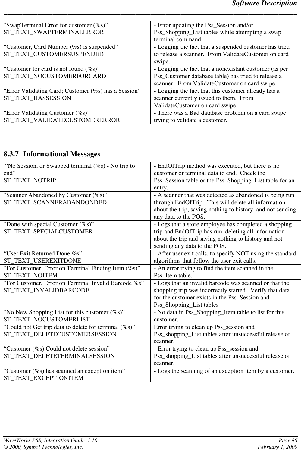 Software Description______________________________________________________________________________WaveWorks PSS, Integration Guide, 1.10 Page 86© 2000, Symbol Technologies, Inc. February 1, 2000“SwapTerminal Error for customer (%s)”ST_TEXT_SWAPTERMINALERROR - Error updating the Pss_Session and/orPss_Shopping_List tables while attempting a swapterminal command.“Customer, Card Number (%s) is suspended”ST_TEXT_CUSTOMERSUSPENDED - Logging the fact that a suspended customer has triedto release a scanner.  From ValidateCustomer on cardswipe.“Customer for card is not found (%s)”ST_TEXT_NOCUSTOMERFORCARD - Logging the fact that a nonexistant customer (as perPss_Customer database table) has tried to release ascanner.  From ValidateCustomer on card swipe.“Error Validating Card; Customer (%s) has a Session”ST_TEXT_HASSESSION - Logging the fact that this customer already has ascanner currently issued to them.  FromValidateCustomer on card swipe.“Error Validating Customer (%s)”ST_TEXT_VALIDATECUSTOMERERROR - There was a Bad database problem on a card swipetrying to validate a customer.8.3.7 Informational Messages “No Session, or Swapped terminal (%s) - No trip toend”ST_TEXT_NOTRIP- EndOfTrip method was executed, but there is nocustomer or terminal data to end.  Check thePss_Session table or the Pss_Shopping_List table for anentry.“Scanner Abandoned by Customer (%s)”ST_TEXT_SCANNERABANDONDED - A scanner that was detected as abandoned is being runthrough EndOfTrip.  This will delete all informationabout the trip, saving nothing to history, and not sendingany data to the POS.“Done with special Customer (%s)”ST_TEXT_SPECIALCUSTOMER - Logs that a store employee has completed a shoppingtrip and EndOfTrip has run, deleting all informationabout the trip and saving nothing to history and notsending any data to the POS.“User Exit Returned Done %s”ST_TEXT_USEREXITDONE - After user exit calls, to specify NOT using the standardalgorithms that follow the user exit calls.“For Customer, Error on Terminal Finding Item (%s)”ST_TEXT_NOITEM - An error trying to find the item scanned in thePss_Item table.“For Customer, Error on Terminal Invalid Barcode %s”ST_TEXT_INVALIDBARCODE - Logs that an invalid barcode was scanned or that theshopping trip was incorrectly started.  Verify that datafor the customer exists in the Pss_Session andPss_Shopping_List tables“No New Shopping List for this customer (%s)”ST_TEXT_NOCUSTOMERLIST - No data in Pss_Shopping_Item table to list for thiscustomer.“Could not Get trip data to delete for terminal (%s)”ST_TEXT_DELETECUSTOMERSESSION Error trying to clean up Pss_session andPss_shopping_List tables after unsuccessful release ofscanner.“Customer (%s) Could not delete session”ST_TEXT_DELETETERMINALSESSION - Error trying to clean up Pss_session andPss_shopping_List tables after unsuccessful release ofscanner.“Customer (%s) has scanned an exception item”ST_TEXT_EXCEPTIONITEM - Logs the scanning of an exception item by a customer.