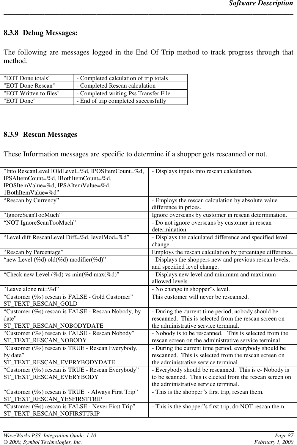 Software Description______________________________________________________________________________WaveWorks PSS, Integration Guide, 1.10 Page 87© 2000, Symbol Technologies, Inc. February 1, 20008.3.8 Debug Messages:The following are messages logged in the End Of Trip method to track progress through thatmethod.&quot;EOT Done totals&quot; - Completed calculation of trip totals&quot;EOT Done Rescan&quot; - Completed Rescan calculation&quot;EOT Written to files&quot; - Completed writing Pss Transfer File&quot;EOT Done&quot; - End of trip completed successfully8.3.9 Rescan MessagesThese Information messages are specific to determine if a shopper gets rescanned or not.&quot;Into RescanLevel lOldLevel=%d, lPOSItemCount=%d,lPSAItemCount=%d, lBothItemCount=%d,lPOSItemValue=%d, IPSAItemValue=%d,1BothItemValue=%d”- Displays inputs into rescan calculation.“Rescan by Currency” - Employs the rescan calculation by absolute valuedifference in prices.“IgnoreScanTooMuch” Ignore overscans by customer in rescan determination.“NOT IgnoreScanTooMuch” - Do not ignore overscans by customer in rescandetermination.“Level diff RescanLevel Diff=%d, levelMod=%d” - Displays the calculated difference and specified levelchange.“Rescan by Percentage” Employs the rescan calculation by percentage difference.“new Level (%d) old(%d) modifier(%d)” - Displays the shoppers new and previous rescan levels,and specified level change.“Check new Level (%d) vs min(%d max(%d)” - Displays new level and minimum and maximumallowed levels.“Leave alone ret=%d” - No change in shopper”s level.“Customer (%s) rescan is FALSE - Gold Customer”ST_TEXT_RESCAN_GOLD This customer will never be rescanned.“Customer (%s) rescan is FALSE - Rescan Nobody, bydate”ST_TEXT_RESCAN_NOBODYDATE- During the current time period, nobody should berescanned.  This is selected from the rescan screen onthe administrative service terminal.“Customer (%s) rescan is FALSE - Rescan Nobody”ST_TEXT_RESCAN_NOBODY - Nobody is to be rescanned.   This is selected from therescan screen on the administrative service terminal.“Customer (%s) rescan is TRUE - Rescan Everybody,by date”ST_TEXT_RESCAN_EVERYBODYDATE- During the current time period, everybody should berescanned.  This is selected from the rescan screen onthe administrative service terminal.“Customer (%s) rescan is TRUE - Rescan Everybody”ST_TEXT_RESCAN_EVERYBODY - Everybody should be rescanned.  This is e- Nobody isto be scanned.  This is elected from the rescan screen onthe administrative service terminal.“Customer (%s) rescan is TRUE  - Always First Trip”ST_TEXT_RESCAN_YESFIRSTTRIP - This is the shopper”s first trip, rescan them.“Customer (%s) rescan is FALSE - Never First Trip”ST_TEXT_RESCAN_NOFIRSTTRIP - This is the shopper”s first trip, do NOT rescan them.