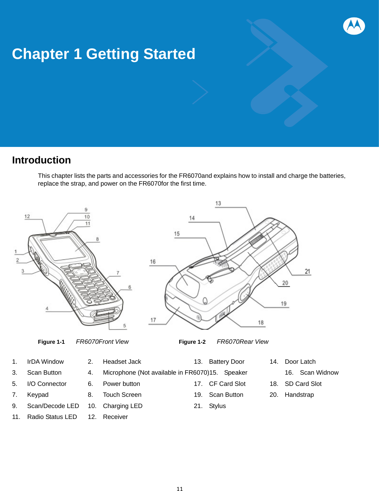  11Chapter 1 Getting Started            Introduction  This chapter lists the parts and accessories for the FR6070and explains how to install and charge the batteries, replace the strap, and power on the FR6070for the first time.                                            Figure 1-1      FR6070Front View    Figure 1-2    FR6070Rear View   1.  IrDA Window     2.  Headset Jack              13.  Battery Door     14.  Door Latch 3.  Scan Button        4.  Microphone (Not available in FR6070)15.  Speaker        16.  Scan Widnow   5. I/O Connector   6. Power button    17. CF Card Slot  18. SD Card Slot 7.  Keypad          8.  Touch Screen        19.  Scan Button     20.  Handstrap  9. Scan/Decode LED   10. Charging LED    21. Stylus     11. Radio Status LED 12.  Receiver                      