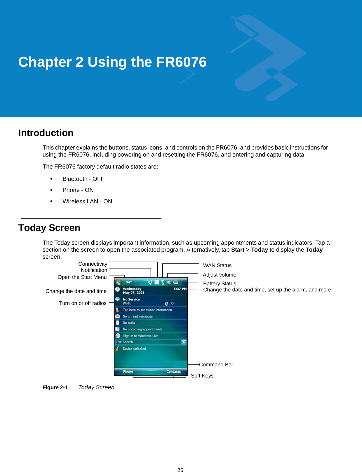  26Chapter 2 Using the FR6076         Introduction  This chapter explains the buttons, status icons, and controls on the FR6076, and provides basic instructions for using the FR6076, including powering on and resetting the FR6076, and entering and capturing data.  The FR6076 factory default radio states are:  •   Bluetooth - OFF  •   Phone - ON  •   Wireless LAN - ON.    Today Screen  The Today screen displays important information, such as upcoming appointments and status indicators. Tap a section on the screen to open the associated program. Alternatively, tap Start &gt; Today to display the Today screen. Connectivity Notification WAN Status Open the Start Menu  Adjust volume Battery Status Change the date and time Change the date and time, set up the alarm, and more  Turn on or off radios                                                                                                           Command Bar  Soft Keys  Figure 2-1      Today Screen 