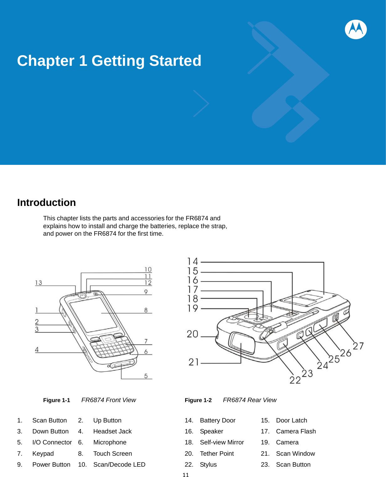  11Chapter 1 Getting Started            Introduction  This chapter lists the parts and accessories for the FR6874 and explains how to install and charge the batteries, replace the strap, and power on the FR6874 for the first time.                                    Figure 1-1      FR6874 Front View    Figure 1-2    FR6874 Rear View   1.  Scan Button    2.  Up Button               14.  Battery Door     15.  Door Latch 3. Down Button   4. Headset Jack    16. Speaker    17. Camera Flash  5. I/O Connector  6. Microphone    18. Self-view Mirror  19. Camera 7.  Keypad        8.  Touch Screen        20.  Tether Point     21.  Scan Window   9. Power Button   10. Scan/Decode LED   22. Stylus    23. Scan Button 