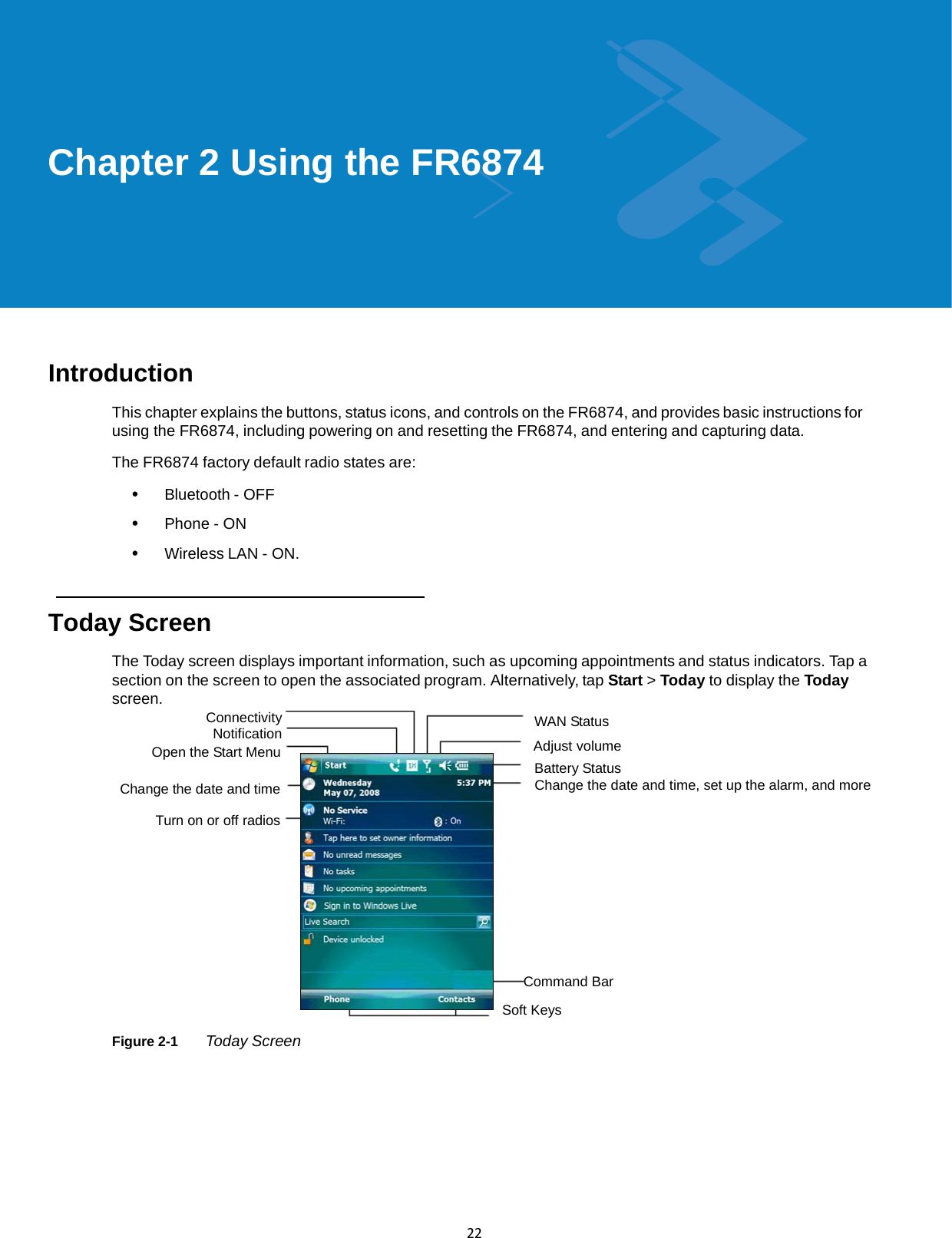  22Chapter 2 Using the FR6874          Introduction  This chapter explains the buttons, status icons, and controls on the FR6874, and provides basic instructions for using the FR6874, including powering on and resetting the FR6874, and entering and capturing data.  The FR6874 factory default radio states are:  •   Bluetooth - OFF  •   Phone - ON  •   Wireless LAN - ON.    Today Screen  The Today screen displays important information, such as upcoming appointments and status indicators. Tap a section on the screen to open the associated program. Alternatively, tap Start &gt; Today to display the Today screen. Connectivity Notification WAN Status Open the Start Menu  Adjust volume Battery Status Change the date and time Change the date and time, set up the alarm, and more  Turn on or off radios                                                                                                           Command Bar  Soft Keys  Figure 2-1      Today Screen