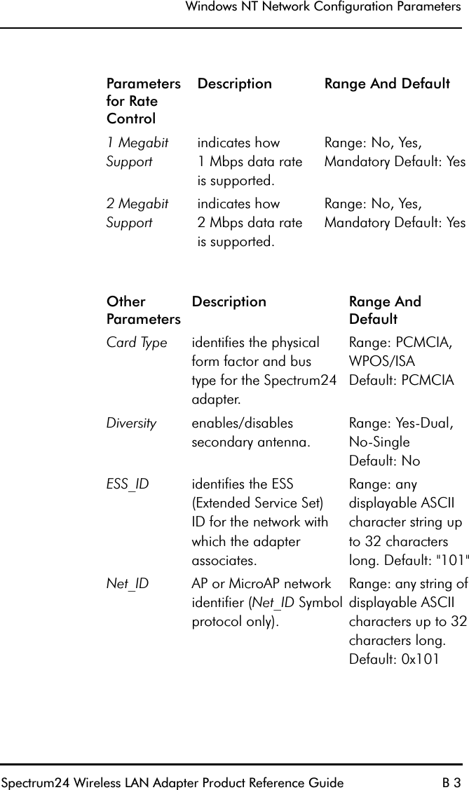 Windows NT Network Configuration ParametersSpectrum24 Wireless LAN Adapter Product Reference Guide B 3Parameters for Rate ControlDescription Range And Default1 Megabit Supportindicates how1 Mbps data rateis supported.Range: No, Yes, Mandatory Default: Yes2 Megabit Supportindicates how2 Mbps data rateis supported.Range: No, Yes, Mandatory Default: YesOther ParametersDescription Range And DefaultCard Type identifies the physical form factor and bustype for the Spectrum24 adapter.Range: PCMCIA, WPOS/ISADefault: PCMCIADiversity enables/disables secondary antenna.Range: Yes-Dual, No-SingleDefault: NoESS_ID identifies the ESS (Extended Service Set)ID for the network with which the adapter associates.Range: any displayable ASCII character string up to 32 characters long. Default: &quot;101&quot;Net_ID AP or MicroAP network identifier (Net_ID Symbol protocol only).Range: any string of displayable ASCII characters up to 32 characters long.Default: 0x101