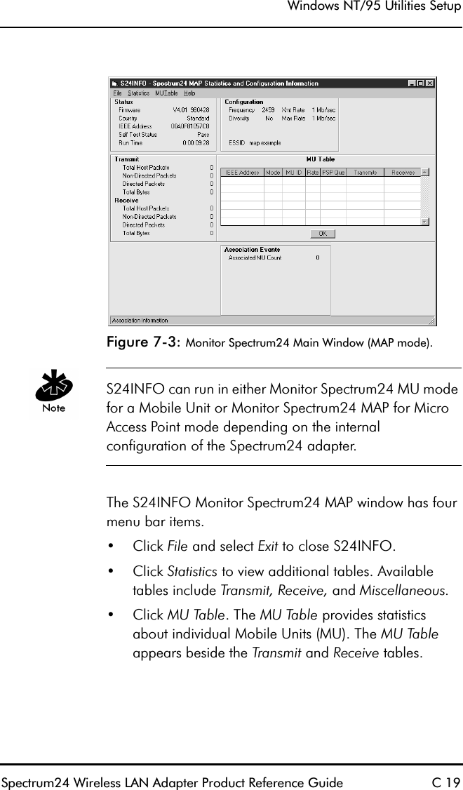 Windows NT/95 Utilities SetupSpectrum24 Wireless LAN Adapter Product Reference Guide C 19Figure 7-3: Monitor Spectrum24 Main Window (MAP mode).S24INFO can run in either Monitor Spectrum24 MU mode for a Mobile Unit or Monitor Spectrum24 MAP for Micro Access Point mode depending on the internal configuration of the Spectrum24 adapter. The S24INFO Monitor Spectrum24 MAP window has four menu bar items.•Click File and select Exit to close S24INFO.•Click Statistics to view additional tables. Available tables include Transmit, Receive, and Miscellaneous.•Click MU Table. The MU Table provides statistics about individual Mobile Units (MU). The MU Table appears beside the Transmit and Receive tables.