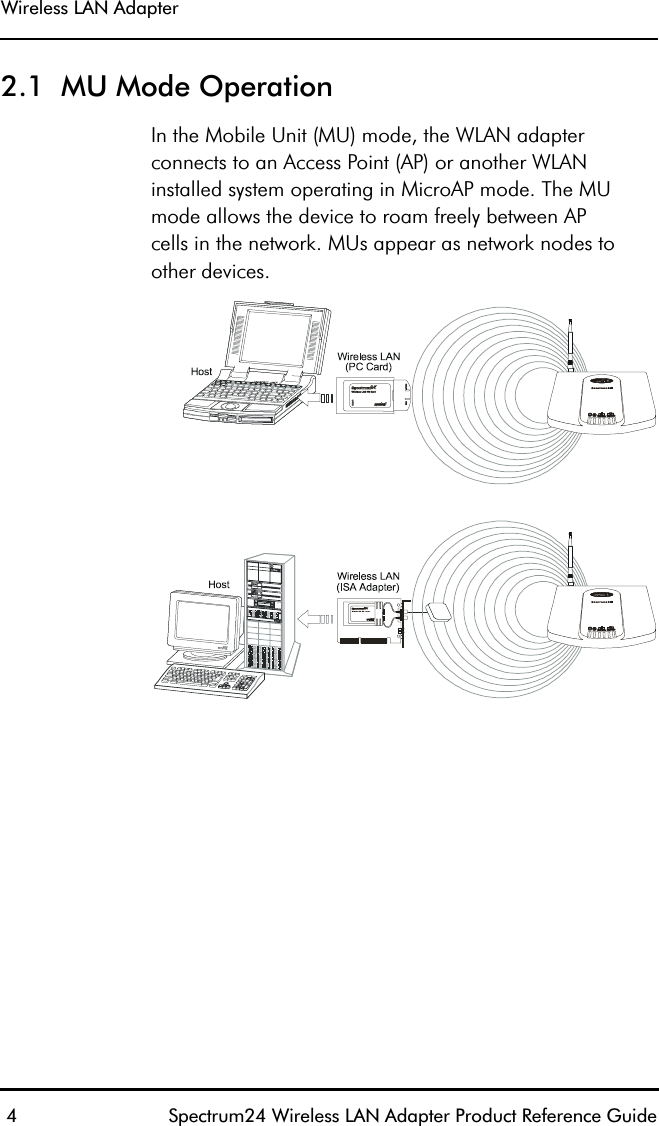 Wireless LAN Adapter 4 Spectrum24 Wireless LAN Adapter Product Reference Guide2.1  MU Mode OperationIn the Mobile Unit (MU) mode, the WLAN adapter connects to an Access Point (AP) or another WLAN installed system operating in MicroAP mode. The MU mode allows the device to roam freely between APcells in the network. MUs appear as network nodes to other devices.