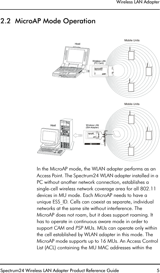 Wireless LAN AdapterSpectrum24 Wireless LAN Adapter Product Reference Guide  52.2  MicroAP Mode OperationIn the MicroAP mode, the WLAN adapter performs as an Access Point. The Spectrum24 WLAN adapter installed in a PC without another network connection, establishes a single-cell wireless network coverage area for all 802.11 devices in MU mode. Each MicroAP needs to have a unique ESS_ID. Cells can coexist as separate, individual networks at the same site without interference. The MicroAP does not roam, but it does support roaming. It has to operate in continuous aware mode in order to support CAM and PSP MUs. MUs can operate only within the cell established by WLAN adapter in this mode. The MicroAP mode supports up to 16 MUs. An Access Control List (ACL) containing the MU MAC addresses within the 