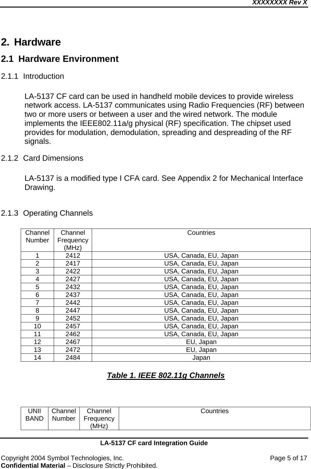 XXXXXXXX Rev X    LA-5137 CF card Integration Guide  Copyright 2004 Symbol Technologies, Inc.    Page 5 of 17 Confidential Material – Disclosure Strictly Prohibited. 2. Hardware  2.1 Hardware Environment 2.1.1 Introduction   LA-5137 CF card can be used in handheld mobile devices to provide wireless network access. LA-5137 communicates using Radio Frequencies (RF) between two or more users or between a user and the wired network. The module implements the IEEE802.11a/g physical (RF) specification. The chipset used provides for modulation, demodulation, spreading and despreading of the RF signals. 2.1.2 Card Dimensions  LA-5137 is a modified type I CFA card. See Appendix 2 for Mechanical Interface Drawing.  2.1.3 Operating Channels  Channel Number  Channel Frequency (MHz) Countries 1  2412  USA, Canada, EU, Japan 2  2417  USA, Canada, EU, Japan 3  2422  USA, Canada, EU, Japan 4  2427  USA, Canada, EU, Japan 5  2432  USA, Canada, EU, Japan 6  2437  USA, Canada, EU, Japan 7  2442  USA, Canada, EU, Japan 8  2447  USA, Canada, EU, Japan 9  2452  USA, Canada, EU, Japan 10  2457  USA, Canada, EU, Japan 11  2462  USA, Canada, EU, Japan 12 2467  EU, Japan 13 2472  EU, Japan 14 2484  Japan  Table 1. IEEE 802.11g Channels    UNII BAND  Channel Number  Channel Frequency (MHz) Countries 