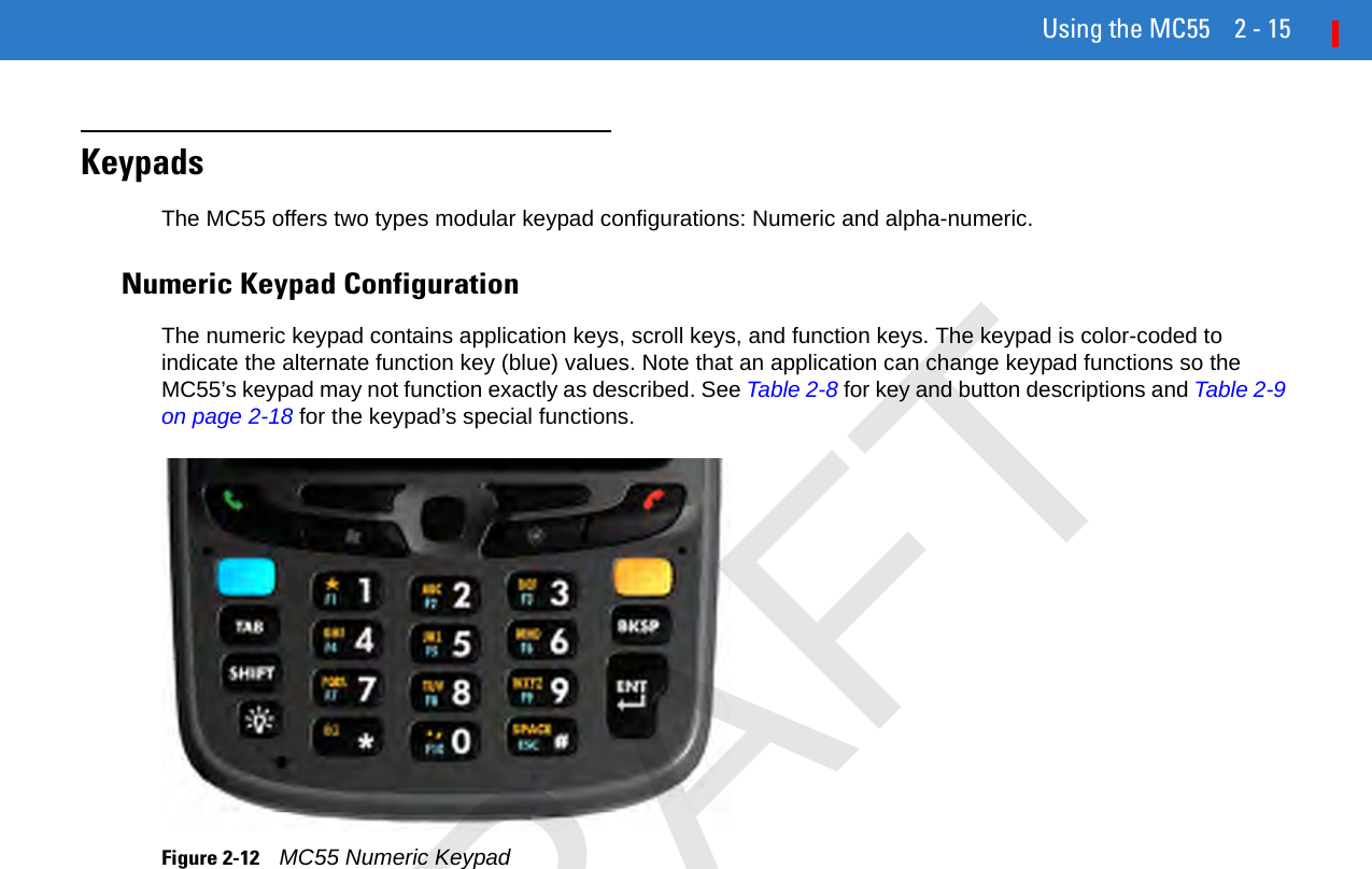 Using the MC55 2 - 15KeypadsThe MC55 offers two types modular keypad configurations: Numeric and alpha-numeric.Numeric Keypad ConfigurationThe numeric keypad contains application keys, scroll keys, and function keys. The keypad is color-coded to indicate the alternate function key (blue) values. Note that an application can change keypad functions so the MC55’s keypad may not function exactly as described. See Table 2-8 for key and button descriptions and Table 2-9 on page 2-18 for the keypad’s special functions.Figure 2-12    MC55 Numeric KeypadDRAFT