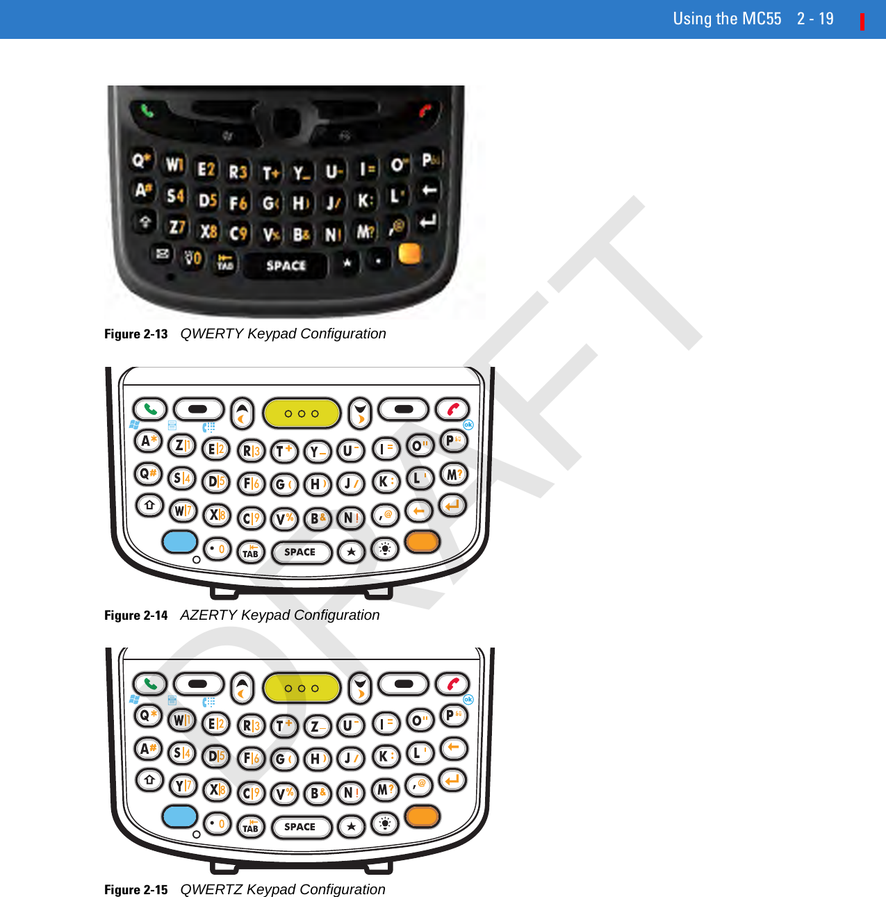 Using the MC55 2 - 19Figure 2-13    QWERTY Keypad ConfigurationFigure 2-14    AZERTY Keypad ConfigurationFigure 2-15    QWERTZ Keypad ConfigurationDRAFT