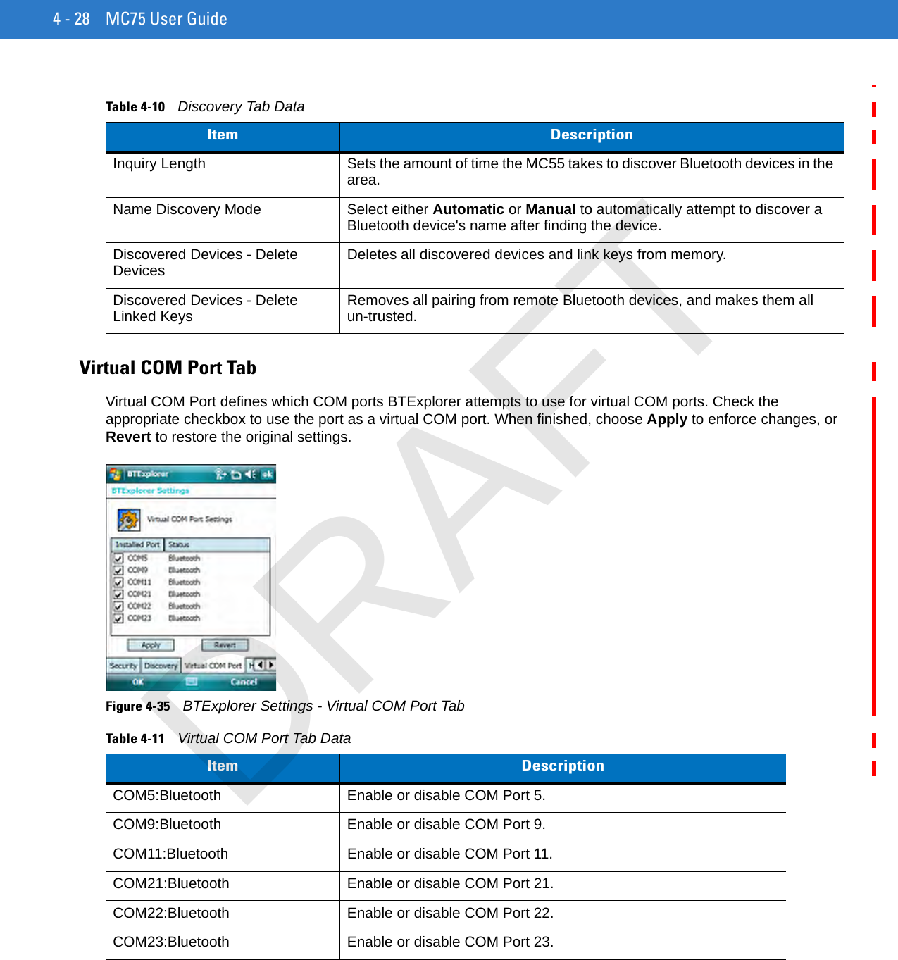 4 - 28 MC75 User GuideVirtual COM Port TabVirtual COM Port defines which COM ports BTExplorer attempts to use for virtual COM ports. Check the appropriate checkbox to use the port as a virtual COM port. When finished, choose Apply to enforce changes, or Revert to restore the original settings.Figure 4-35    BTExplorer Settings - Virtual COM Port TabTable 4-10    Discovery Tab DataItem DescriptionInquiry Length Sets the amount of time the MC55 takes to discover Bluetooth devices in the area.Name Discovery Mode Select either Automatic or Manual to automatically attempt to discover a Bluetooth device&apos;s name after finding the device.Discovered Devices - Delete Devices Deletes all discovered devices and link keys from memory.Discovered Devices - Delete Linked Keys Removes all pairing from remote Bluetooth devices, and makes them all un-trusted.Table 4-11    Virtual COM Port Tab DataItem DescriptionCOM5:Bluetooth Enable or disable COM Port 5.COM9:Bluetooth Enable or disable COM Port 9.COM11:Bluetooth Enable or disable COM Port 11.COM21:Bluetooth Enable or disable COM Port 21.COM22:Bluetooth Enable or disable COM Port 22.COM23:Bluetooth Enable or disable COM Port 23.DRAFT