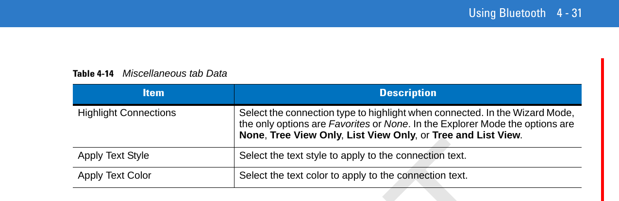 Using Bluetooth 4 - 31Table 4-14    Miscellaneous tab DataItem DescriptionHighlight Connections Select the connection type to highlight when connected. In the Wizard Mode, the only options are Favorites or None. In the Explorer Mode the options are None, Tree View Only, List View Only, or Tree and List View.Apply Text Style Select the text style to apply to the connection text.Apply Text Color Select the text color to apply to the connection text.DRAFT