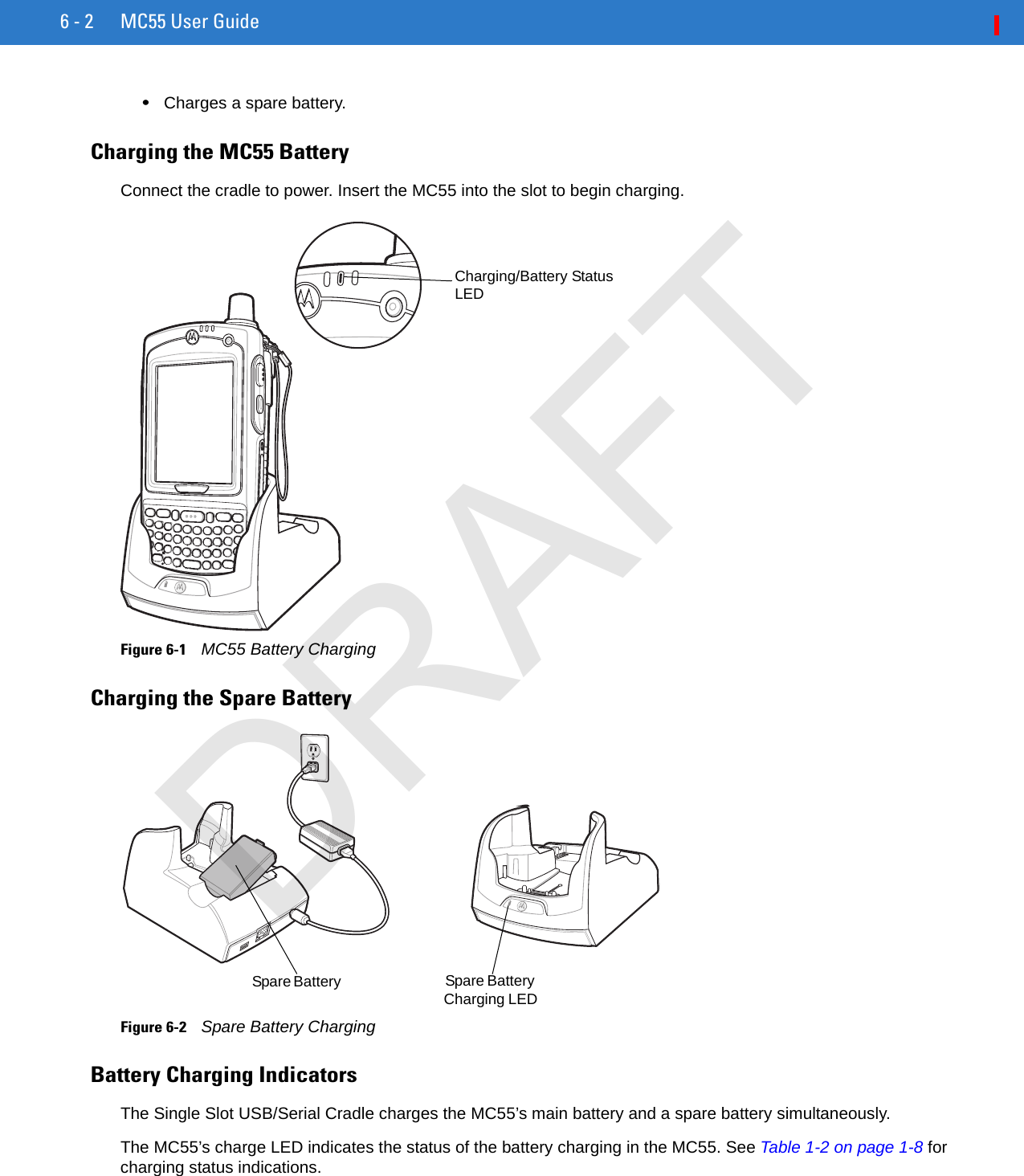 6 - 2 MC55 User Guide•Charges a spare battery.Charging the MC55 BatteryConnect the cradle to power. Insert the MC55 into the slot to begin charging.Figure 6-1    MC55 Battery ChargingCharging the Spare BatteryFigure 6-2    Spare Battery ChargingBattery Charging IndicatorsThe Single Slot USB/Serial Cradle charges the MC55’s main battery and a spare battery simultaneously.The MC55’s charge LED indicates the status of the battery charging in the MC55. See Table 1-2 on page 1-8 for charging status indications.Charging/Battery Status LEDSpare Battery  Spare Battery Charging LEDDRAFT