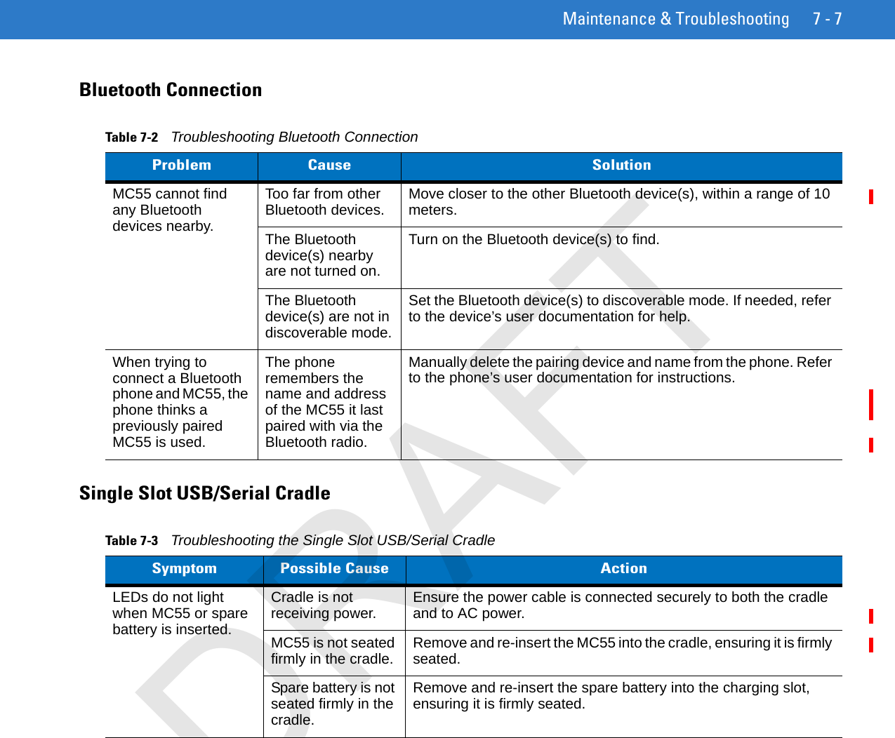 Maintenance &amp; Troubleshooting 7 - 7Bluetooth ConnectionSingle Slot USB/Serial CradleTable 7-2    Troubleshooting Bluetooth ConnectionProblem Cause SolutionMC55 cannot find any Bluetooth devices nearby.Too far from other Bluetooth devices. Move closer to the other Bluetooth device(s), within a range of 10 meters.The Bluetooth device(s) nearby are not turned on.Turn on the Bluetooth device(s) to find.The Bluetooth device(s) are not in discoverable mode.Set the Bluetooth device(s) to discoverable mode. If needed, refer to the device’s user documentation for help.When trying to connect a Bluetooth phone and MC55, the phone thinks a previously paired MC55 is used.The phone remembers the name and address of the MC55 it last paired with via the Bluetooth radio.Manually delete the pairing device and name from the phone. Refer to the phone’s user documentation for instructions.Table 7-3    Troubleshooting the Single Slot USB/Serial CradleSymptom Possible Cause ActionLEDs do not light when MC55 or spare battery is inserted.Cradle is not receiving power. Ensure the power cable is connected securely to both the cradle and to AC power.MC55 is not seated firmly in the cradle. Remove and re-insert the MC55 into the cradle, ensuring it is firmly seated. Spare battery is not seated firmly in the cradle.Remove and re-insert the spare battery into the charging slot, ensuring it is firmly seated. DRAFT