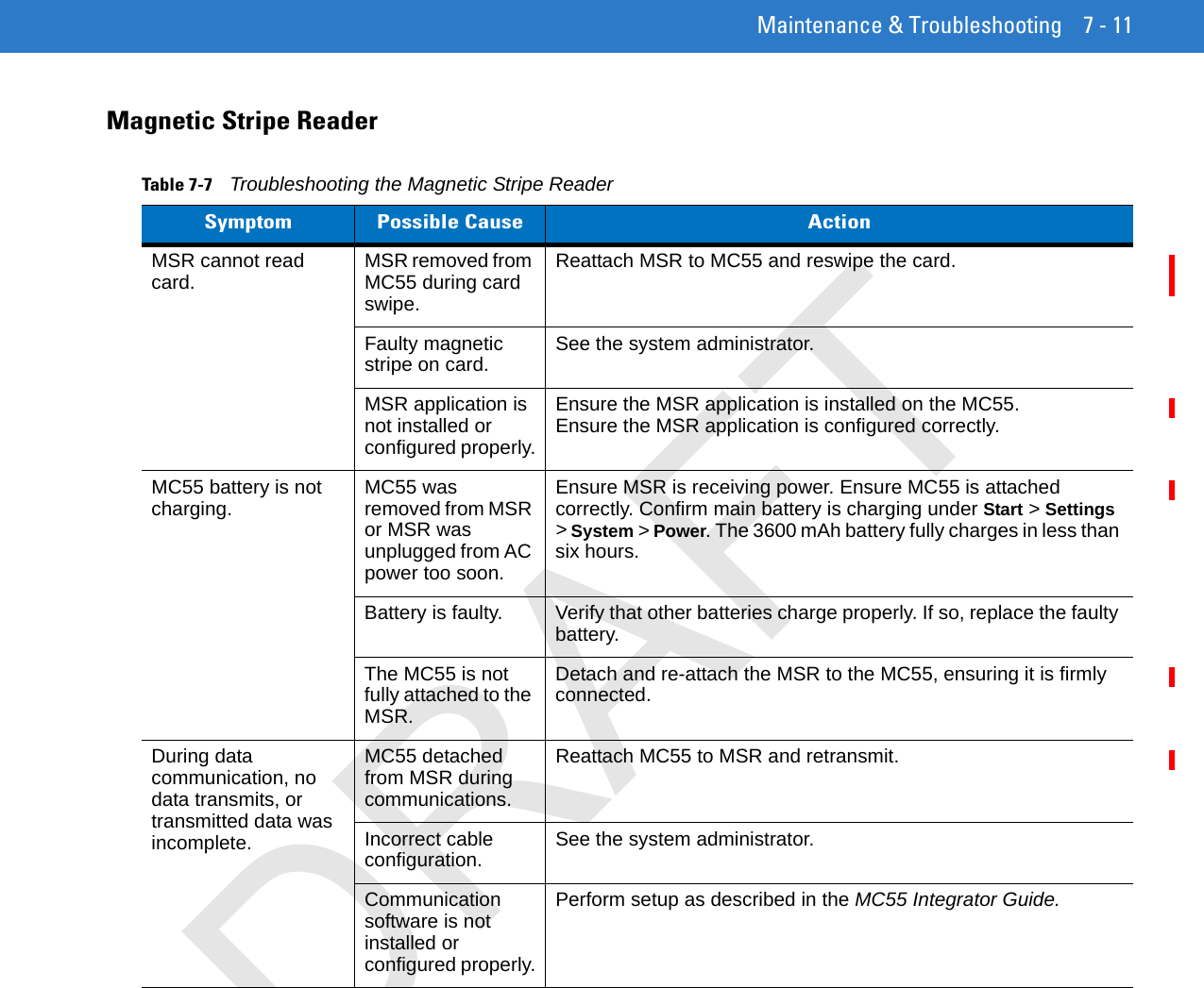 Maintenance &amp; Troubleshooting 7 - 11Magnetic Stripe ReaderTable 7-7    Troubleshooting the Magnetic Stripe ReaderSymptom Possible Cause ActionMSR cannot read card. MSR removed from MC55 during card swipe.Reattach MSR to MC55 and reswipe the card.Faulty magnetic stripe on card. See the system administrator.MSR application is not installed or configured properly.Ensure the MSR application is installed on the MC55.Ensure the MSR application is configured correctly.MC55 battery is not charging. MC55 was removed from MSR or MSR was unplugged from AC power too soon.Ensure MSR is receiving power. Ensure MC55 is attached correctly. Confirm main battery is charging under Start &gt; Settings &gt; System &gt; Power. The 3600 mAh battery fully charges in less than six hours.Battery is faulty. Verify that other batteries charge properly. If so, replace the faulty battery.The MC55 is not fully attached to the MSR.Detach and re-attach the MSR to the MC55, ensuring it is firmly connected. During data communication, no data transmits, or transmitted data was incomplete.MC55 detached from MSR during communications.Reattach MC55 to MSR and retransmit.Incorrect cable configuration. See the system administrator.Communication software is not installed or configured properly.Perform setup as described in the MC55 Integrator Guide.DRAFT