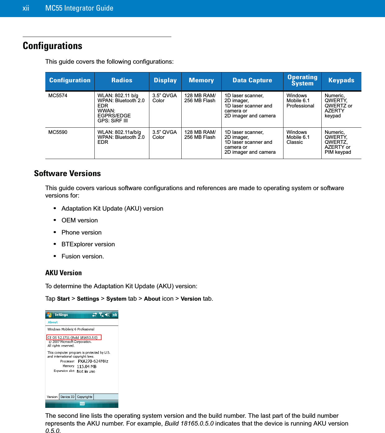 xii MC55 Integrator GuideConfigurationsThis guide covers the following configurations:Software VersionsThis guide covers various software configurations and references are made to operating system or software versions for:•Adaptation Kit Update (AKU) version•OEM version•Phone version•BTExplorer version•Fusion version.AKU VersionTo determine the Adaptation Kit Update (AKU) version:Ta p  Start &gt; Settings &gt; System tab &gt; About icon &gt; Version tab.The second line lists the operating system version and the build number. The last part of the build number represents the AKU number. For example, Build 18165.0.5.0 indicates that the device is running AKU version 0.5.0.Configuration Radios Display Memory Data Capture OperatingSystem KeypadsMC5574 WLAN: 802.11 b/gWPAN: Bluetooth 2.0 EDRWWAN: EGPRS/EDGEGPS: SiRF III3.5” QVGA Color128 MB RAM/256 MB Flash1D laser scanner,2D imager,1D laser scanner and camera or2D imager and cameraWindows Mobile 6.1 ProfessionalNumeric, QWERTY, QWERTZ or AZERTY keypadMC5590 WLAN: 802.11a/b/gWPAN: Bluetooth 2.0 EDR3.5” QVGA Color128 MB RAM/256 MB Flash1D laser scanner,2D imager,1D laser scanner and camera or2D imager and cameraWindows Mobile 6.1 ClassicNumeric, QWERTY, QWERTZ, AZERTY or PIM keypad