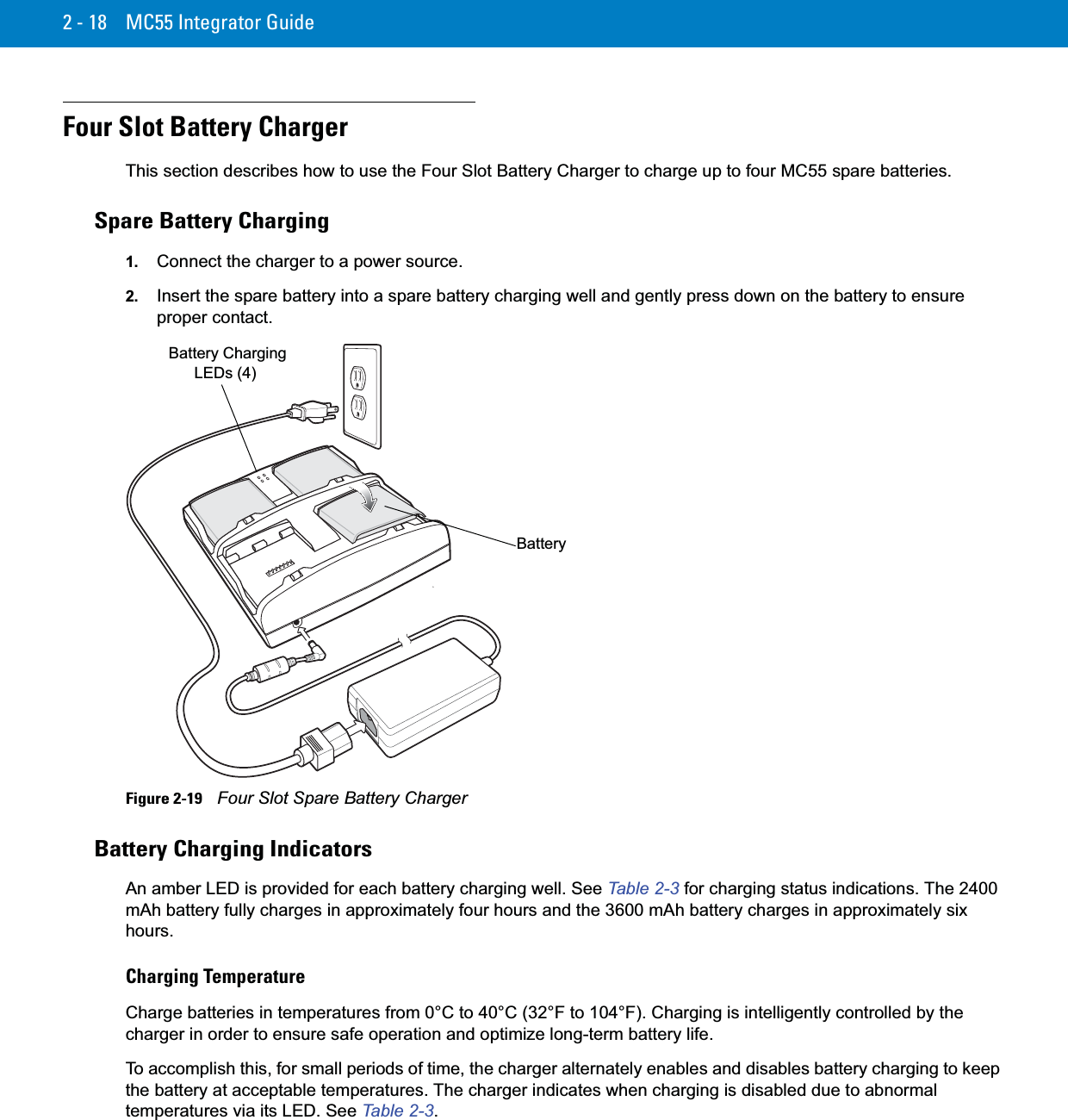 2 - 18 MC55 Integrator GuideFour Slot Battery ChargerThis section describes how to use the Four Slot Battery Charger to charge up to four MC55 spare batteries.Spare Battery Charging1. Connect the charger to a power source.2. Insert the spare battery into a spare battery charging well and gently press down on the battery to ensure proper contact.Figure 2-19    Four Slot Spare Battery ChargerBattery Charging IndicatorsAn amber LED is provided for each battery charging well. See Table 2-3 for charging status indications. The 2400 mAh battery fully charges in approximately four hours and the 3600 mAh battery charges in approximately six hours.Charging TemperatureCharge batteries in temperatures from 0°C to 40°C (32°F to 104°F). Charging is intelligently controlled by the charger in order to ensure safe operation and optimize long-term battery life.To accomplish this, for small periods of time, the charger alternately enables and disables battery charging to keep the battery at acceptable temperatures. The charger indicates when charging is disabled due to abnormal temperatures via its LED. See Table 2-3. Battery Charging LEDs (4)Battery