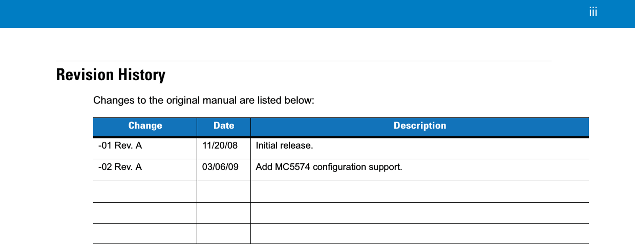  iiiRevision HistoryChanges to the original manual are listed below:Change Date Description-01 Rev. A 11/20/08 Initial release.-02 Rev. A 03/06/09 Add MC5574 configuration support.