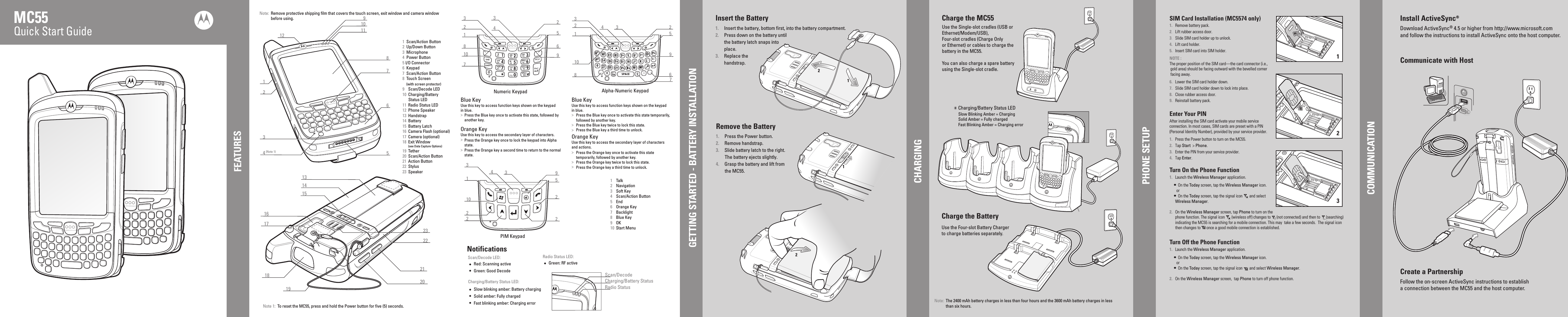 123MC551221611581237910127343123432512343572688610910 91817131914152116202223134359222102Create a PartnershipInstall ActiveSync®Communicate with Host1  Scan/Action Button2  Up/Down Button3  Microphone4  Power Button5 I/O Connector 6  Keypad7  Scan/Action Button8  Touch Screen    (with screen protector)9  Scan/Decode LED10  Charging/Battery      Status LED11  Radio Status LED12  Phone Speaker13  Handstrap14  Battery15  Battery Latch16  Camera Flash (optional)17  Camera (optional)18  Exit Window (see Data Capture Options)19  Tether20  Scan/Action Button21  Action Button22  Stylus 23  Speaker1  Talk2  Navigation3  Soft Key4  Scan/Action Button5  End6  Orange Key7  Backlight8  Blue Key9  OK10  Start MenuNote 1:  To reset the MC55, press and hold the Power button for five (5) seconds. FEATURESPHONE SETUPCOMMUNICATIONGETTING STARTED - BATTERY INSTALLATIONNumeric Keypad  Alpha-Numeric Keypad PIM Keypad CHARGINGSIM Card Installation (MC5574 only)Quick Start GuideDownload ActiveSync® 4.5 or higher from http://www.microsoft.com and follow the instructions to install ActiveSync onto the host computer.Follow the on-screen ActiveSync instructions to establish a connection between the MC55 and the host computer.Blue Key Use this key to access function keys shown on the keypad in blue.&gt;Orange KeyUse this key to access the secondary layer of characters and actions.&gt;&gt;&gt;&gt;&gt;Press the Blue key once to activate this state temporarily, followed by another key. Press the Blue key twice to lock this state. Press the Blue key a third time to unlock.Press the Orange key once to activate this state temporarily, followed by another key. Press the Orange key twice to lock this state. Press the Orange key a third time to unlock.NotificationsCharging/Battery Status LED:Scan/Decode LED:Slow blinking amber: Battery chargingSolid amber: Fully chargedFast blinking amber: Charging errorRed: Scanning activeGreen: Good Decode Scan/DecodeCharging/Battery StatusRadio StatusRadio Status LED:Green: RF activeInsert the BatteryRemove the Battery1. Insert the battery, bottom first, into the battery compartment.2. Press down on the battery until the battery latch snaps into place.3. Replace the handstrap.1. Press the Power button.2. Remove handstrap.3. Slide battery latch to the right. The battery ejects slightly.4. Grasp the battery and lift from the MC55.Charge the MC55Charge the BatterySlow Blinking Amber = ChargingCharging/Battery Status LEDSolid Amber = Fully chargedFast Blinking Amber = Charging errorNote:  The 2400 mAh battery charges in less than four hours and the 3600 mAh battery charges in less  than six hours.Use the Four-slot Battery Charger to charge batteries separately.1. Remove battery pack.2.  Lift rubber access door.3.  Slide SIM card holder up to unlock.4.  Lift card holder.5.  Insert SIM card into SIM holder.NOTE :The proper position of the SIM card—the card connector (i.e., gold area) should be facing outward with the bevelled corner facing away.6.  Lower the SIM card holder down.7.  Slide SIM card holder down to lock into place.8.  Close rubber access door.9.  Reinstall battery pack.Enter Your PINAfter installing the SIM card activate your mobile service connection. In most cases, SIM cards are preset with a PIN (Personal Identity Number), provided by your service provider.1.   Press the Power button to turn on the MC55.2.   Tap Start  &gt; Phone.3.   Enter the PIN from your service provider.4.   Tap Enter.Turn On the Phone Function1.   Launch the Wireless Manager application.   • On the Today screen, tap the Wireless Manager icon.        or   • On the Today screen, tap the signal icon       and select Wireless Manager.2.  On the Wireless Manager screen, tap Phone to turn on the phone function. The signal icon       (wireless off) changes to      (not connected) and then to      (searching) indicating the MC55 is searching for a mobile connection. This may  take a few seconds.  The signal icon then changes to      once a good mobile connection is established.Turn Off the Phone Function1.  Launch the Wireless Manager application.   • On the Today screen, tap the Wireless Manager icon.        or   • On the Today screen, tap the signal icon       and select Wireless Manager.2.  On the Wireless Manager screen,  tap Phone to turn off phone function. Note:  Remove protective shipping film that covers the touch screen, exit window and camera window   before using.Press the Orange key once to lock the keypad into Alpha state. Press the Orange key a second time to return to the normal state.Press the Blue key once to activate this state, followed by another key.Blue Key Use this key to access function keys shown on the keypad in blue.&gt;Orange KeyUse this key to access the secondary layer of characters.&gt;&gt;4 (Note 1)Use the Single-slot cradles (USB or Ethernet/Modem/USB), Four-slot cradles (Charge Only or Ethernet) or cables to charge the battery in the MC55.You can also charge a spare batteryusing the Single-slot cradle.