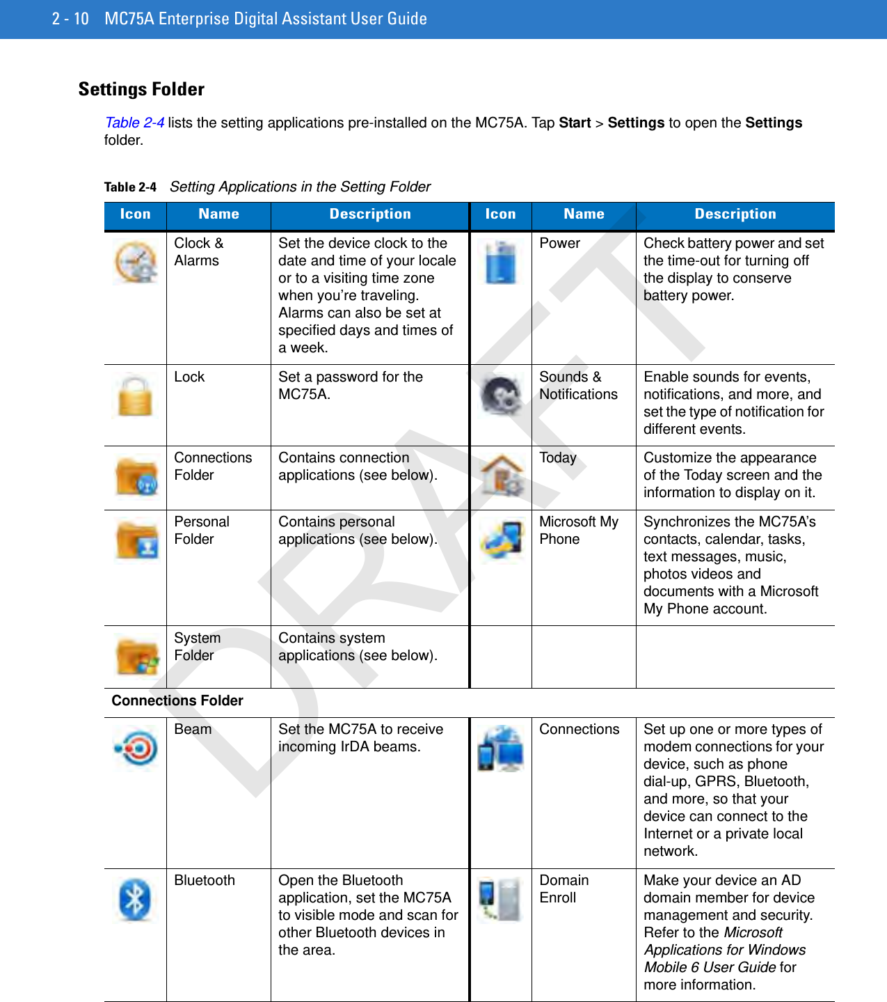 2 - 10 MC75A Enterprise Digital Assistant User GuideSettings FolderTable 2-4 lists the setting applications pre-installed on the MC75A. Tap Start &gt; Settings to open the Settings folder.Table 2-4    Setting Applications in the Setting FolderIcon Name Description Icon Name DescriptionClock &amp; Alarms Set the device clock to the date and time of your locale or to a visiting time zone when you’re traveling. Alarms can also be set at specified days and times of a week.Power Check battery power and set the time-out for turning off the display to conserve battery power.Lock Set a password for the MC75A. Sounds &amp; Notifications Enable sounds for events, notifications, and more, and set the type of notification for different events.Connections FolderContains connection applications (see below).TodayCustomize the appearance of the Today screen and the information to display on it.Personal FolderContains personal applications (see below).Microsoft My PhoneSynchronizes the MC75A’s contacts, calendar, tasks, text messages, music, photos videos and documents with a Microsoft My Phone account.System FolderContains system applications (see below).Connections FolderBeam Set the MC75A to receive incoming IrDA beams. Connections Set up one or more types of modem connections for your device, such as phone dial-up, GPRS, Bluetooth, and more, so that your device can connect to the Internet or a private local network.Bluetooth Open the Bluetooth application, set the MC75A to visible mode and scan for other Bluetooth devices in the area.Domain Enroll Make your device an AD domain member for device management and security. Refer to the Microsoft Applications for Windows Mobile 6 User Guide for more information.DRAFT