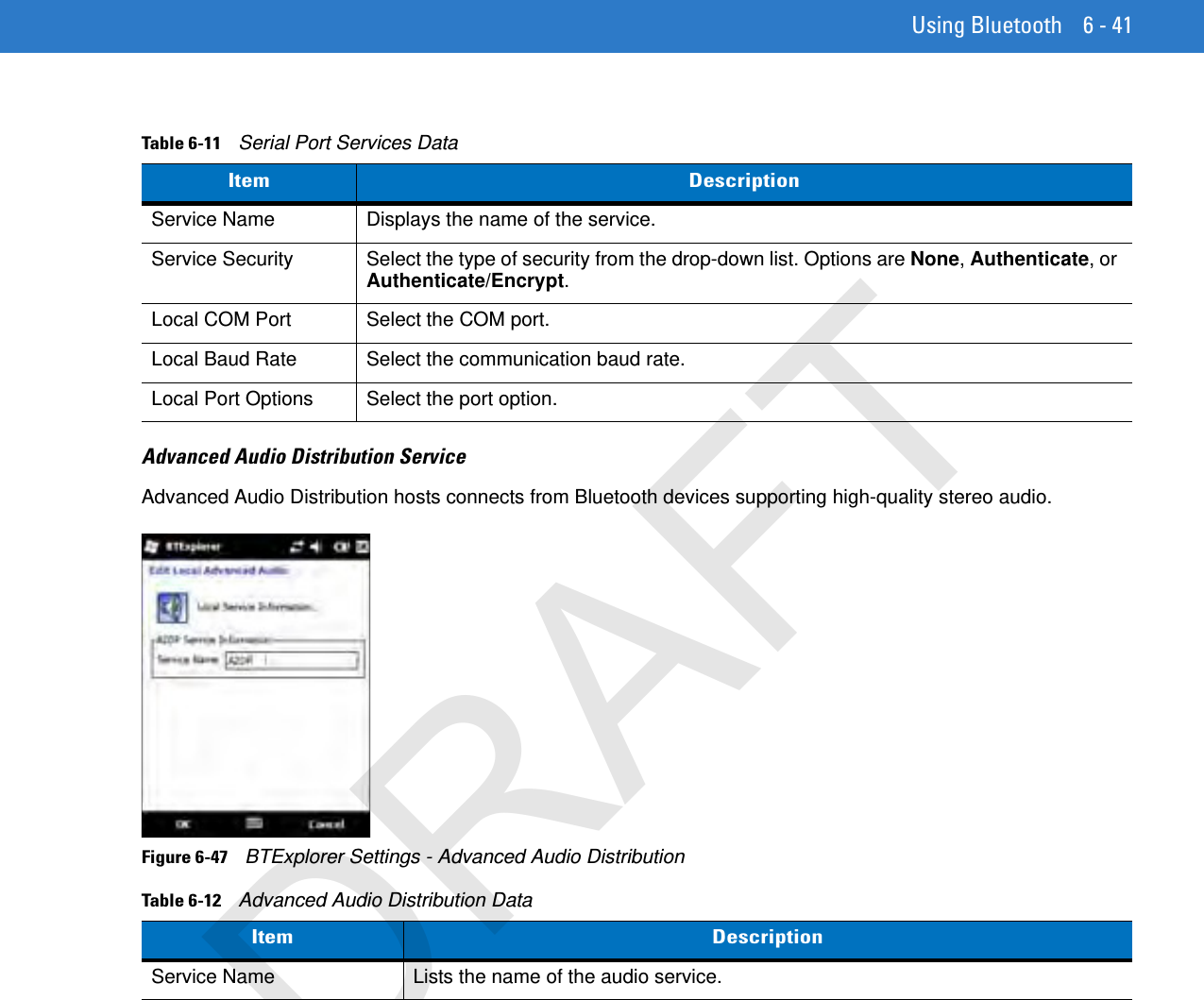 Using Bluetooth 6 - 41Advanced Audio Distribution ServiceAdvanced Audio Distribution hosts connects from Bluetooth devices supporting high-quality stereo audio.Figure 6-47    BTExplorer Settings - Advanced Audio DistributionTable 6-11    Serial Port Services DataItem DescriptionService Name Displays the name of the service.Service Security Select the type of security from the drop-down list. Options are None, Authenticate, or Authenticate/Encrypt.Local COM Port Select the COM port.Local Baud Rate Select the communication baud rate.Local Port Options Select the port option.Table 6-12    Advanced Audio Distribution DataItem DescriptionService Name Lists the name of the audio service.DRAFT