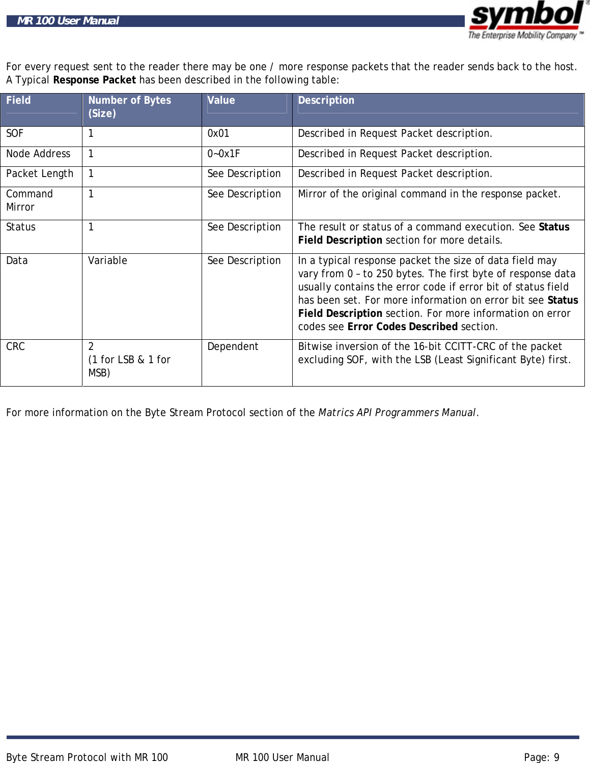     Byte Stream Protocol with MR 100  MR 100 User Manual  Page: 9  MR 100 User Manual For every request sent to the reader there may be one / more response packets that the reader sends back to the host. A Typical Response Packet has been described in the following table: Field  Number of Bytes (Size)  Value  Description SOF  1  0x01  Described in Request Packet description. Node Address  1  0~0x1F  Described in Request Packet description. Packet Length  1  See Description  Described in Request Packet description. Command Mirror  1  See Description  Mirror of the original command in the response packet. Status  1  See Description  The result or status of a command execution. See Status Field Description section for more details. Data  Variable  See Description  In a typical response packet the size of data field may vary from 0 – to 250 bytes. The first byte of response data usually contains the error code if error bit of status field has been set. For more information on error bit see Status Field Description section. For more information on error codes see Error Codes Described section. CRC 2  (1 for LSB &amp; 1 for MSB) Dependent  Bitwise inversion of the 16-bit CCITT-CRC of the packet excluding SOF, with the LSB (Least Significant Byte) first.  For more information on the Byte Stream Protocol section of the Matrics API Programmers Manual.     