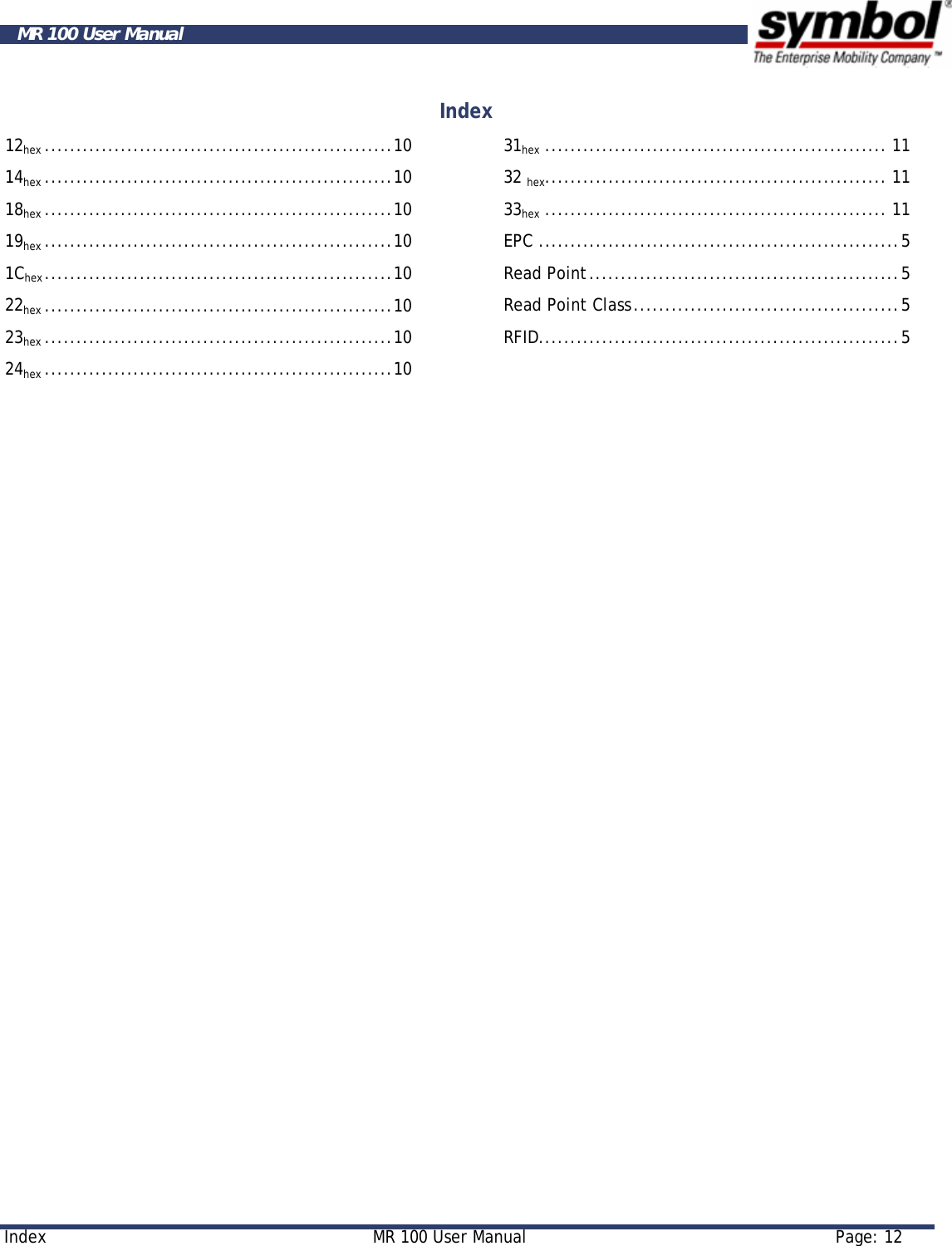     Index  MR 100 User Manual   Page: 12  MR 100 User Manual Index 12hex .......................................................10 14hex .......................................................10 18hex .......................................................10 19hex .......................................................10 1Chex.......................................................10 22hex .......................................................10 23hex .......................................................10 24hex .......................................................10 31hex ...................................................... 11 32 hex...................................................... 11 33hex ...................................................... 11 EPC .........................................................5 Read Point.................................................5 Read Point Class..........................................5 RFID.........................................................5        