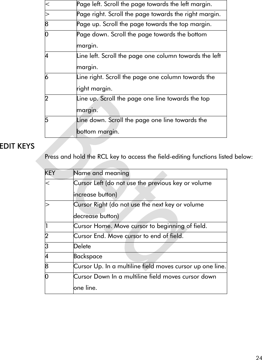 24EDIT KEYSPress and hold the RCL key to access the field-editing functions listed below:&lt;Page left. Scroll the page towards the left margin.&gt;Page right. Scroll the page towards the right margin.8Page up. Scroll the page towards the top margin.0Page down. Scroll the page towards the bottom margin.4Line left. Scroll the page one column towards the left margin.6Line right. Scroll the page one column towards the right margin.2Line up. Scroll the page one line towards the top margin.5Line down. Scroll the page one line towards the bottom margin.KEY Name and meaning &lt;Cursor Left (do not use the previous key or volume increase button)&gt;Cursor Right (do not use the next key or volume decrease button)1Cursor Home. Move cursor to beginning of field.2Cursor End. Move cursor to end of field.3Delete4Backspace8Cursor Up. In a multiline field moves cursor up one line.0Cursor Down In a multiline field moves cursor down one line.