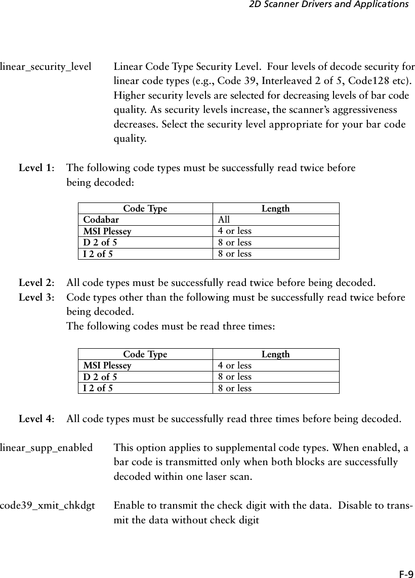F-92D Scanner Drivers and Applicationslinear_security_level Linear Code Type Security Level.  Four levels of decode security for linear code types (e.g., Code 39, Interleaved 2 of 5, Code128 etc).  Higher security levels are selected for decreasing levels of bar code quality. As security levels increase, the scanner’s aggressiveness decreases. Select the security level appropriate for your bar code quality.Level 1: The following code types must be successfully read twice beforebeing decoded:Level 2: All code types must be successfully read twice before being decoded.Level 3: Code types other than the following must be successfully read twice before being decoded.The following codes must be read three times:Level 4: All code types must be successfully read three times before being decoded.linear_supp_enabled This option applies to supplemental code types. When enabled, a bar code is transmitted only when both blocks are successfully decoded within one laser scan. code39_xmit_chkdgt Enable to transmit the check digit with the data.  Disable to trans-mit the data without check digitCode Type LengthCodabar AllMSI Plessey 4 or lessD 2 of 5 8 or lessI 2 of 5 8 or lessCode Type LengthMSI Plessey 4 or lessD 2 of 5 8 or lessI 2 of 5 8 or less