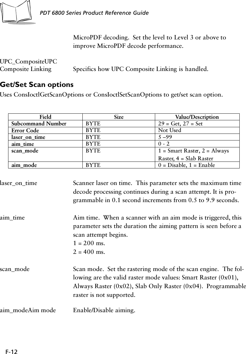 F-12PDT 6800 Series Product Reference GuideMicroPDF decoding.  Set the level to Level 3 or above to improve MicroPDF decode performance.UPC_CompositeUPC Composite Linking  Specifics how UPC Composite Linking is handled.Get/Set Scan optionsUses ConsIoctlGetScanOptions or ConsIoctlSetScanOptions to get/set scan option.laser_on_time Scanner laser on time.  This parameter sets the maximum time decode processing continues during a scan attempt. It is pro-grammable in 0.1 second increments from 0.5 to 9.9 seconds.aim_time Aim time.  When a scanner with an aim mode is triggered, this parameter sets the duration the aiming pattern is seen before a scan attempt begins. 1 = 200 ms.2 = 400 ms. scan_mode Scan mode.  Set the rastering mode of the scan engine.  The fol-lowing are the valid raster mode values: Smart Raster (0x01), Always Raster (0x02), Slab Only Raster (0x04).  Programmable raster is not supported.aim_modeAim mode Enable/Disable aiming.Field Size Value/DescriptionSubcommand Number BYTE 29 = Get, 27 = SetError Code BYTE Not Usedlaser_on_time BYTE 5 –99aim_time BYTE 0 - 2scan_mode BYTE 1 = Smart Raster, 2 = Always Raster, 4 = Slab Rasteraim_mode BYTE 0 = Disable, 1 = Enable