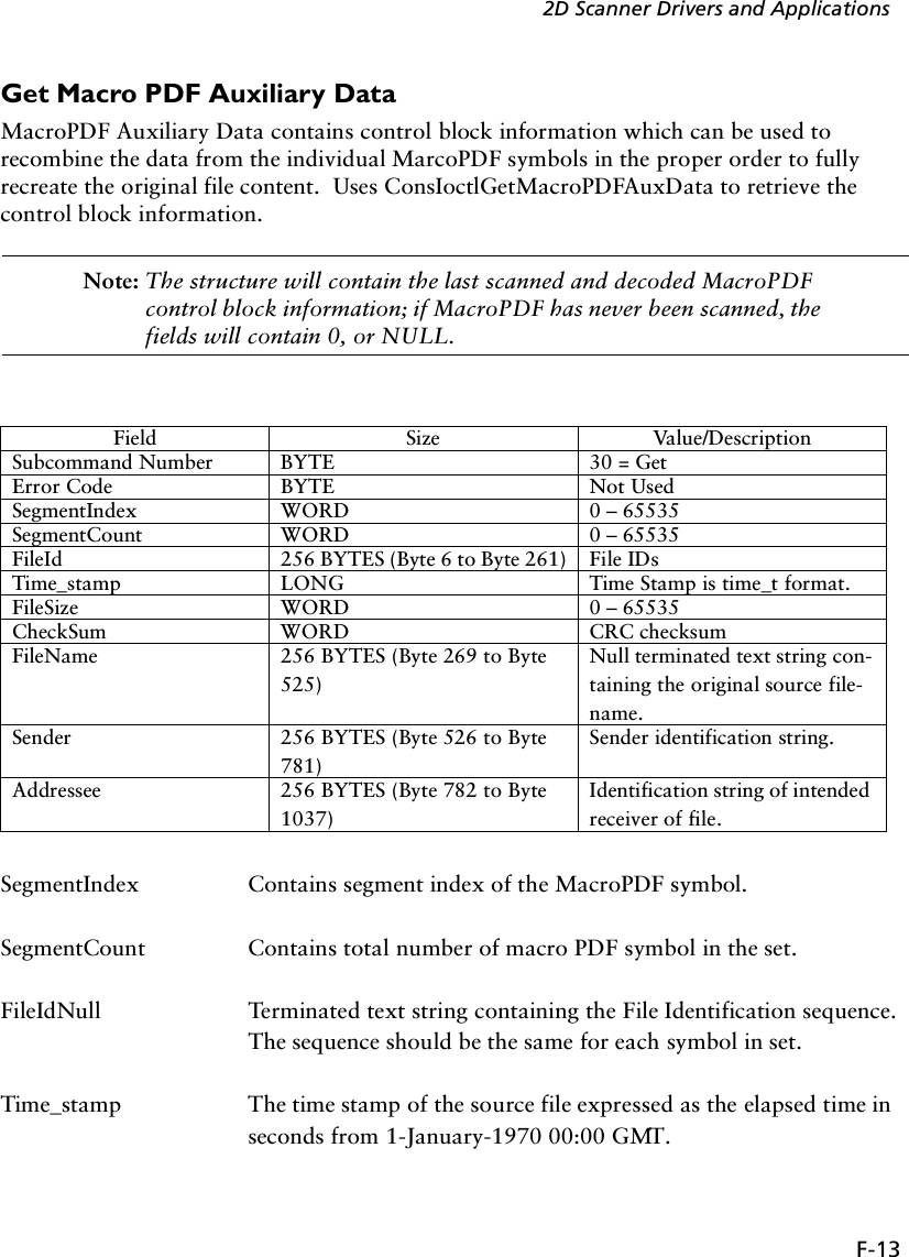 F-132D Scanner Drivers and ApplicationsGet Macro PDF Auxiliary DataMacroPDF Auxiliary Data contains control block information which can be used to recombine the data from the individual MarcoPDF symbols in the proper order to fully recreate the original file content.  Uses ConsIoctlGetMacroPDFAuxData to retrieve the control block information.Note: The structure will contain the last scanned and decoded MacroPDF control block information; if MacroPDF has never been scanned, the fields will contain 0, or NULL.SegmentIndex Contains segment index of the MacroPDF symbol.SegmentCount Contains total number of macro PDF symbol in the set.FileIdNull  Terminated text string containing the File Identification sequence.  The sequence should be the same for each symbol in set.Time_stamp The time stamp of the source file expressed as the elapsed time in seconds from 1-January-1970 00:00 GMT.Field Size Value/DescriptionSubcommand Number BYTE 30 = GetError Code BYTE Not UsedSegmentIndex WORD 0 – 65535SegmentCount WORD 0 – 65535FileId 256 BYTES (Byte 6 to Byte 261) File IDs Time_stamp LONG Time Stamp is time_t format.FileSize WORD 0 – 65535CheckSum WORD CRC checksumFileName 256 BYTES (Byte 269 to Byte 525)Null terminated text string con-taining the original source file-name.Sender 256 BYTES (Byte 526 to Byte 781)Sender identification string.Addressee 256 BYTES (Byte 782 to Byte 1037)Identification string of intended receiver of file.