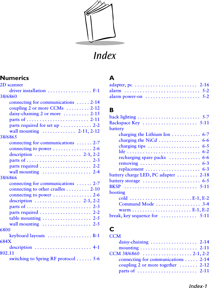 Index-1IndexNumerics2D scannerdriver installation  . . . . . . . . . . . . . . . . .  F-138/6860connecting for communications  . . . . . 2-14coupling 2 or more CCMs  . . . . . . . . . 2-12daisy-chaining 2 or more  . . . . . . . . . . 2-15parts of . . . . . . . . . . . . . . . . . . . . . . . .  2-11parts required for set up  . . . . . . . . . . . .  2-2wall mounting   . . . . . . . . . . . . .  2-11, 2-1238/6865connecting for communications  . . . . . . 2-7connecting to power . . . . . . . . . . . . . . . 2-6description  . . . . . . . . . . . . . . . . . .  2-1, 2-2parts of . . . . . . . . . . . . . . . . . . . . . . . . .  2-3parts required . . . . . . . . . . . . . . . . . . . .  2-2wall mounting   . . . . . . . . . . . . . . . . . . .  2-438/6866connecting for communications  . . . . . . 2-7connecting to other cradles . . . . . . . . . 2-10connecting to power . . . . . . . . . . . . . . . 2-6description  . . . . . . . . . . . . . . . . . .  2-1, 2-2parts of . . . . . . . . . . . . . . . . . . . . . . . . .  2-3parts required . . . . . . . . . . . . . . . . . . . .  2-2table mounting  . . . . . . . . . . . . . . . . . . .  2-5wall mounting   . . . . . . . . . . . . . . . . . . .  2-56800keyboard layouts   . . . . . . . . . . . . . . . . . B-1684Xdescription  . . . . . . . . . . . . . . . . . . . . . .  4-1802.11switching to Spring RF protocol . . . . . . 5-6Aadapter, pc  . . . . . . . . . . . . . . . . . . . . . . . .  2-16alarm   . . . . . . . . . . . . . . . . . . . . . . . . . . . . .  5-2alarm power-on   . . . . . . . . . . . . . . . . . . . . .  5-2Bback lighting . . . . . . . . . . . . . . . . . . . . . . . .  5-7Backspace Key  . . . . . . . . . . . . . . . . . . . . .  5-11batterycharging the Lithium Ion  . . . . . . . . . . .  6-7charging the NiCd  . . . . . . . . . . . . . . . .  6-6charging tips  . . . . . . . . . . . . . . . . . . . .  6-5life  . . . . . . . . . . . . . . . . . . . . . . . . . . . .  6-2recharging spare packs   . . . . . . . . . . . .  6-6removing  . . . . . . . . . . . . . . . . . . . . . . .  6-3replacement  . . . . . . . . . . . . . . . . . . . . .  6-3battery charge LED, PC adapter  . . . . . . . .  2-18battery storage  . . . . . . . . . . . . . . . . . . . . . .  6-5BKSP   . . . . . . . . . . . . . . . . . . . . . . . . . . . .  5-11bootingcold  . . . . . . . . . . . . . . . . . . . . . . . . E-1, E-2Command Mode  . . . . . . . . . . . . . . . . .  3-4warm . . . . . . . . . . . . . . . . . . . . . . . E-1, E-2break, key sequence for   . . . . . . . . . . . . . .  5-11CCCMdaisy-chaining  . . . . . . . . . . . . . . . . . .  2-14mounting  . . . . . . . . . . . . . . . . . . . . . .  2-11CCM 38/6860   . . . . . . . . . . . . . . . . . . . 2-1, 2-2connecting for communications . . . . .  2-14coupling 2 or more together   . . . . . . .  2-12parts of  . . . . . . . . . . . . . . . . . . . . . . .  2-11