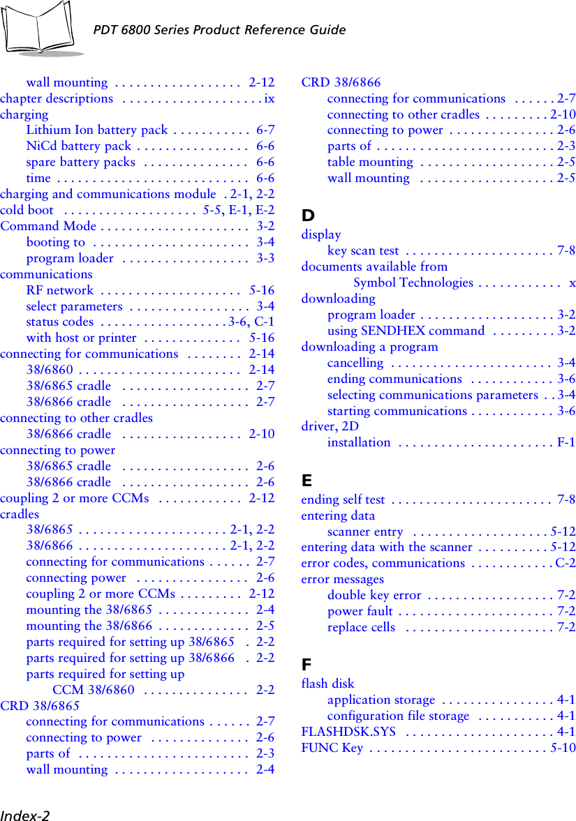 Index-2PDT 6800 Series Product Reference Guidewall mounting  . . . . . . . . . . . . . . . . . .  2-12chapter descriptions   . . . . . . . . . . . . . . . . . . . . ixchargingLithium Ion battery pack . . . . . . . . . . .  6-7NiCd battery pack  . . . . . . . . . . . . . . . .  6-6spare battery packs  . . . . . . . . . . . . . . .  6-6time  . . . . . . . . . . . . . . . . . . . . . . . . . . .  6-6charging and communications module  . 2-1, 2-2cold boot   . . . . . . . . . . . . . . . . . . .  5-5, E-1, E-2Command Mode . . . . . . . . . . . . . . . . . . . . .  3-2booting to  . . . . . . . . . . . . . . . . . . . . . .  3-4program loader  . . . . . . . . . . . . . . . . . .  3-3communicationsRF network  . . . . . . . . . . . . . . . . . . . .  5-16select parameters  . . . . . . . . . . . . . . . . .  3-4status codes  . . . . . . . . . . . . . . . . . .3-6, C-1with host or printer  . . . . . . . . . . . . . .  5-16connecting for communications   . . . . . . . .  2-1438/6860  . . . . . . . . . . . . . . . . . . . . . . .  2-1438/6865 cradle   . . . . . . . . . . . . . . . . . .  2-738/6866 cradle   . . . . . . . . . . . . . . . . . .  2-7connecting to other cradles38/6866 cradle   . . . . . . . . . . . . . . . . .  2-10connecting to power38/6865 cradle   . . . . . . . . . . . . . . . . . .  2-638/6866 cradle   . . . . . . . . . . . . . . . . . .  2-6coupling 2 or more CCMs   . . . . . . . . . . . .  2-12cradles38/6865  . . . . . . . . . . . . . . . . . . . . . 2-1, 2-238/6866  . . . . . . . . . . . . . . . . . . . . . 2-1, 2-2connecting for communications . . . . . .  2-7connecting power   . . . . . . . . . . . . . . . .  2-6coupling 2 or more CCMs  . . . . . . . . .  2-12mounting the 38/6865  . . . . . . . . . . . . .  2-4mounting the 38/6866  . . . . . . . . . . . . .  2-5parts required for setting up 38/6865   .  2-2parts required for setting up 38/6866   .  2-2parts required for setting up CCM 38/6860   . . . . . . . . . . . . . . .  2-2CRD 38/6865connecting for communications . . . . . .  2-7connecting to power   . . . . . . . . . . . . . .  2-6parts of  . . . . . . . . . . . . . . . . . . . . . . . .  2-3wall mounting  . . . . . . . . . . . . . . . . . . .  2-4CRD 38/6866connecting for communications   . . . . . . 2-7connecting to other cradles  . . . . . . . . . 2-10connecting to power  . . . . . . . . . . . . . . . 2-6parts of  . . . . . . . . . . . . . . . . . . . . . . . . . 2-3table mounting  . . . . . . . . . . . . . . . . . . . 2-5wall mounting   . . . . . . . . . . . . . . . . . . . 2-5Ddisplaykey scan test  . . . . . . . . . . . . . . . . . . . . . 7-8documents available from Symbol Technologies . . . . . . . . . . . .  xdownloadingprogram loader . . . . . . . . . . . . . . . . . . . 3-2using SENDHEX command  . . . . . . . . . 3-2downloading a programcancelling  . . . . . . . . . . . . . . . . . . . . . . . 3-4ending communications   . . . . . . . . . . . . 3-6selecting communications parameters . . 3-4starting communications . . . . . . . . . . . . 3-6driver, 2Dinstallation  . . . . . . . . . . . . . . . . . . . . . . F-1Eending self test  . . . . . . . . . . . . . . . . . . . . . . . 7-8entering datascanner entry   . . . . . . . . . . . . . . . . . . . 5-12entering data with the scanner  . . . . . . . . . . 5-12error codes, communications  . . . . . . . . . . . . C-2error messagesdouble key error  . . . . . . . . . . . . . . . . . . 7-2power fault  . . . . . . . . . . . . . . . . . . . . . . 7-2replace cells   . . . . . . . . . . . . . . . . . . . . . 7-2Fflash diskapplication storage  . . . . . . . . . . . . . . . . 4-1configuration file storage   . . . . . . . . . . . 4-1FLASHDSK.SYS   . . . . . . . . . . . . . . . . . . . . . 4-1FUNC Key  . . . . . . . . . . . . . . . . . . . . . . . . . 5-10