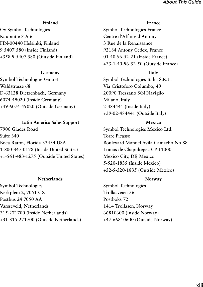 xiiiAbout This GuideFinlandOy Symbol TechnologiesKaupintie 8 A 6FIN-00440 Helsinki, Finland9 5407 580 (Inside Finland)+358 9 5407 580 (Outside Finland)FranceSymbol Technologies FranceCentre d&apos;Affaire d&apos;Antony3 Rue de la Renaissance92184 Antony Cedex, France01-40-96-52-21 (Inside France)+33-1-40-96-52-50 (Outside France)GermanySymbol Technologies GmbHWaldstrasse 68D-63128 Dietzenbach, Germany6074-49020 (Inside Germany)+49-6074-49020 (Outside Germany)ItalySymbol Technologies Italia S.R.L.Via Cristoforo Columbo, 4920090 Trezzano S/N NavigiloMilano, Italy2-484441 (Inside Italy)+39-02-484441 (Outside Italy)Latin America Sales Support7900 Glades RoadSuite 340Boca Raton, Florida 33434 USA1-800-347-0178 (Inside United States)+1-561-483-1275 (Outside United States)MexicoSymbol Technologies Mexico Ltd.Torre PicassoBoulevard Manuel Avila Camacho No 88Lomas de Chapultepec CP 11000Mexico City, DF, Mexico5-520-1835 (Inside Mexico)+52-5-520-1835 (Outside Mexico)NetherlandsSymbol TechnologiesKerkplein 2, 7051 CXPostbus 24 7050 AAVarsseveld, Netherlands315-271700 (Inside Netherlands)+31-315-271700 (Outside Netherlands)NorwaySymbol TechnologiesTrollasveien 36Postboks 721414 Trollasen, Norway66810600 (Inside Norway)+47-66810600 (Outside Norway)